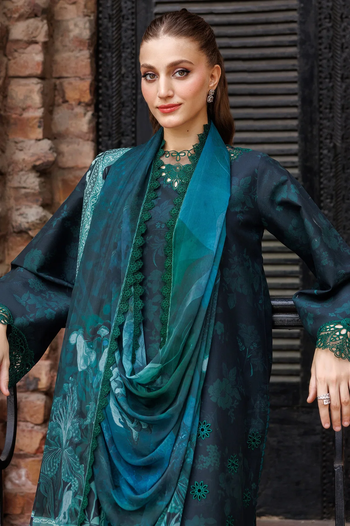 FARASHA - 3PC LAWN EMBROIDERED SHIRT WITH MANAAR PRINTED DUPATTA AND TROUSER - Periveil - Image 6