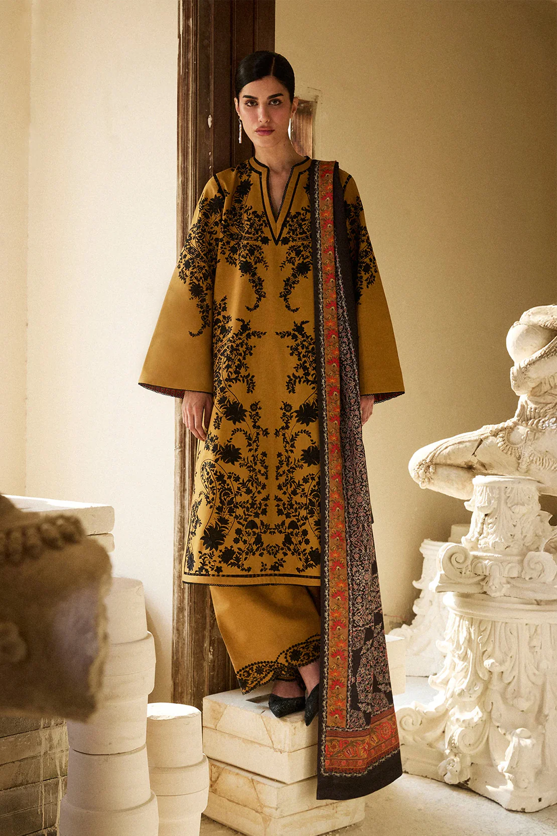 HUSSAIN REHAR - 3PC LAWN EMBROIDERED SHIRT WITH VOILD PRINHTED DUPATTA AND TROUSER - MERI GOLD