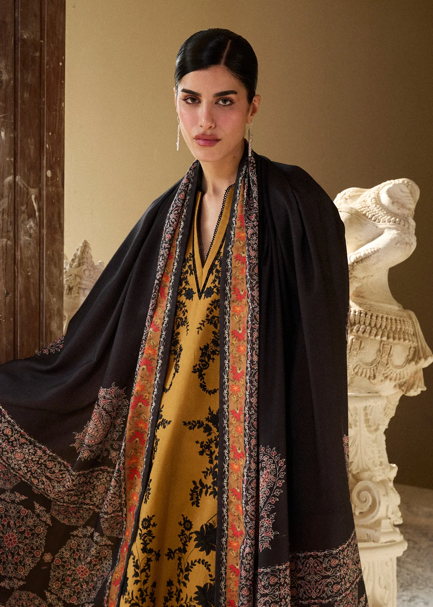 HUSSAIN REHAR - 3PC LAWN EMBROIDERED SHIRT WITH VOILD PRINHTED DUPATTA AND TROUSER - MERI GOLD - Image 2