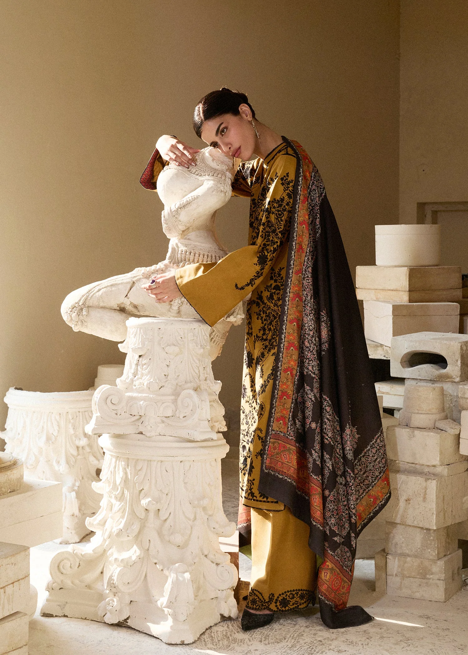 HUSSAIN REHAR - 3PC LAWN EMBROIDERED SHIRT WITH VOILD PRINHTED DUPATTA AND TROUSER - MERI GOLD - Image 3