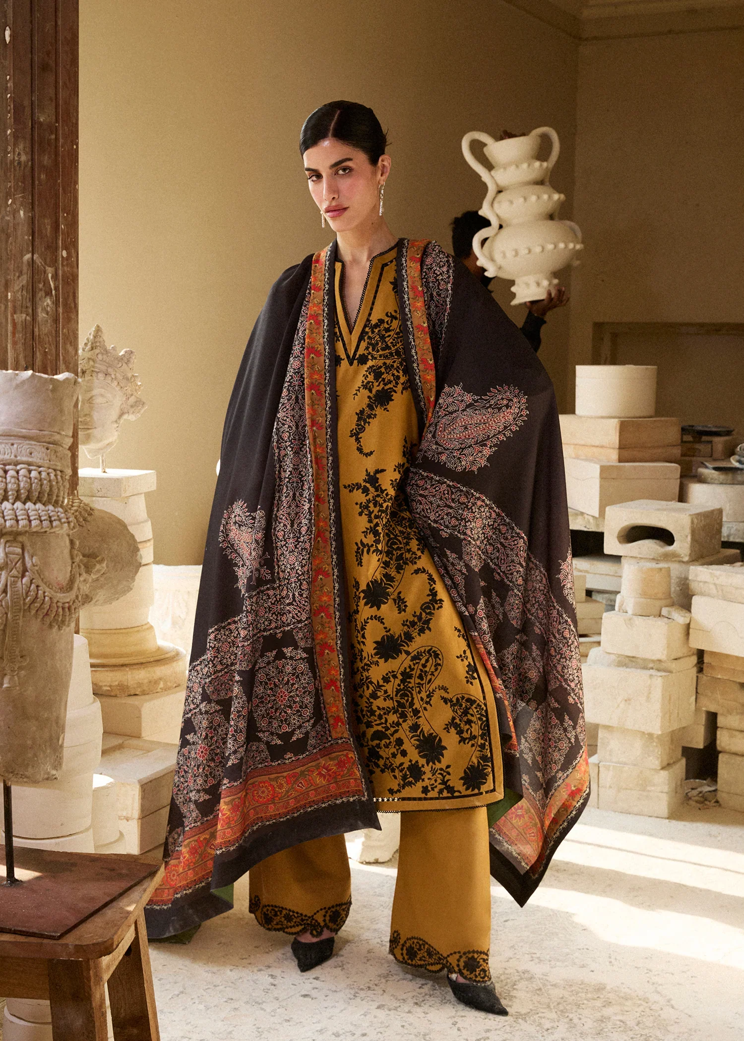 HUSSAIN REHAR - 3PC LAWN EMBROIDERED SHIRT WITH VOILD PRINHTED DUPATTA AND TROUSER - MERI GOLD - Image 4