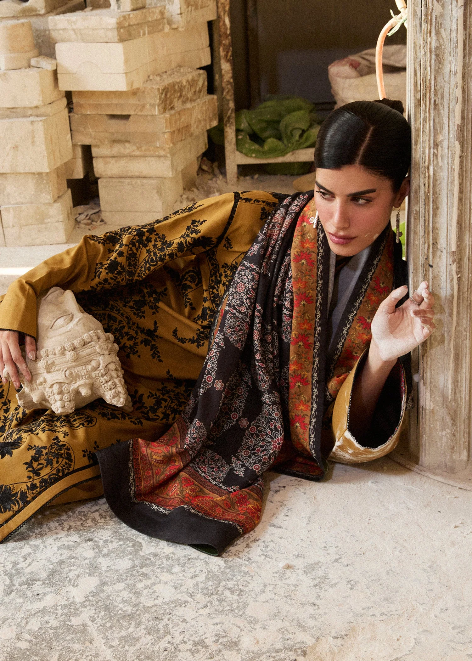 HUSSAIN REHAR - 3PC LAWN EMBROIDERED SHIRT WITH VOILD PRINHTED DUPATTA AND TROUSER - MERI GOLD - Image 5