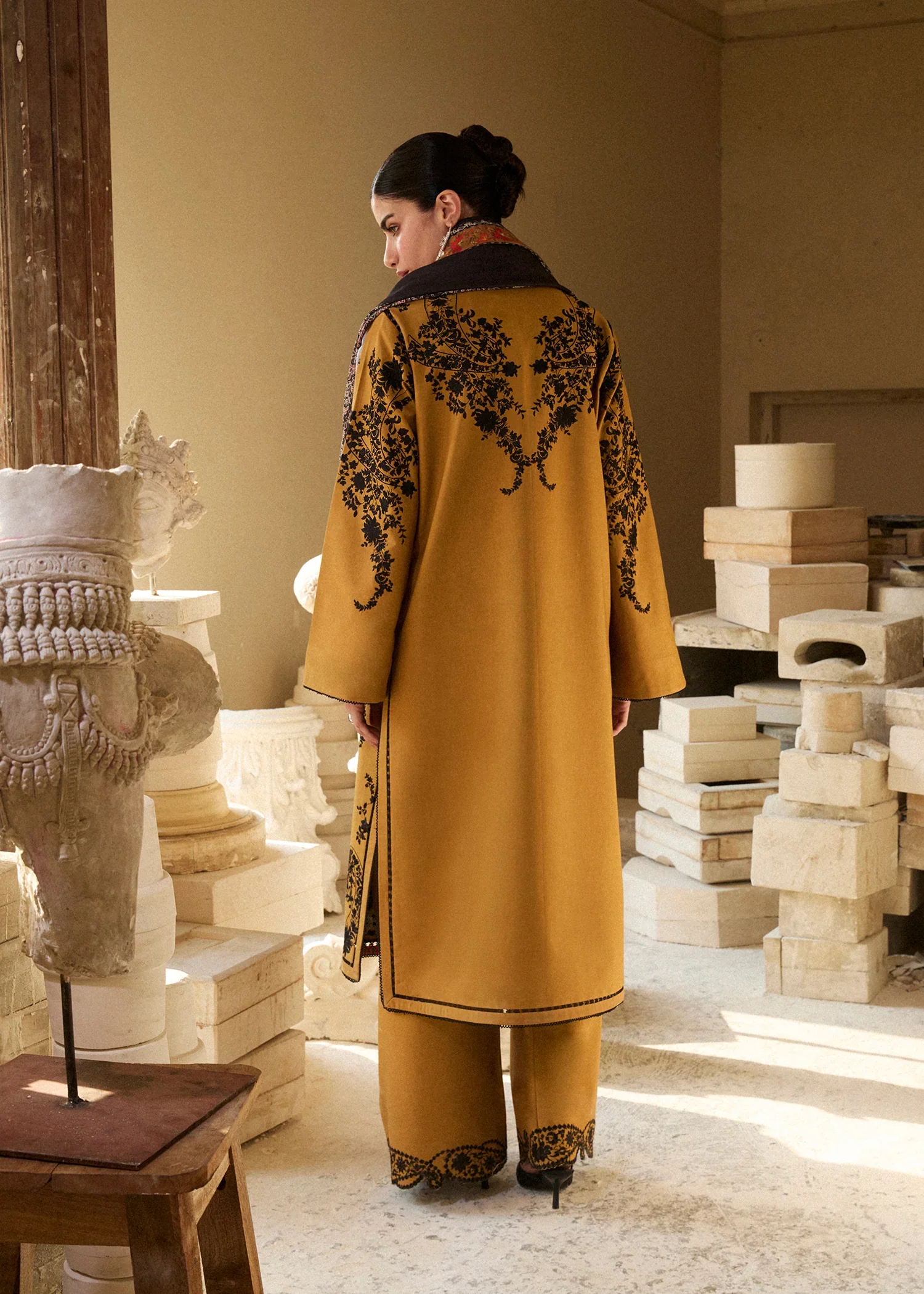 HUSSAIN REHAR - 3PC LAWN EMBROIDERED SHIRT WITH VOILD PRINHTED DUPATTA AND TROUSER - MERI GOLD - Image 6