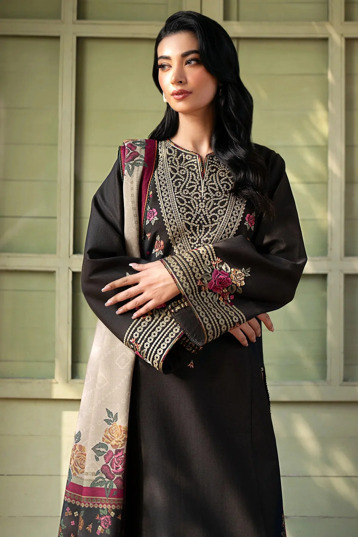 JAZMIN - 3PC KHADDAR EMBROIDERED SHIRT WITH PRINTED TWILL SHAWL AND TROUSER - KPR1797 - Image 2