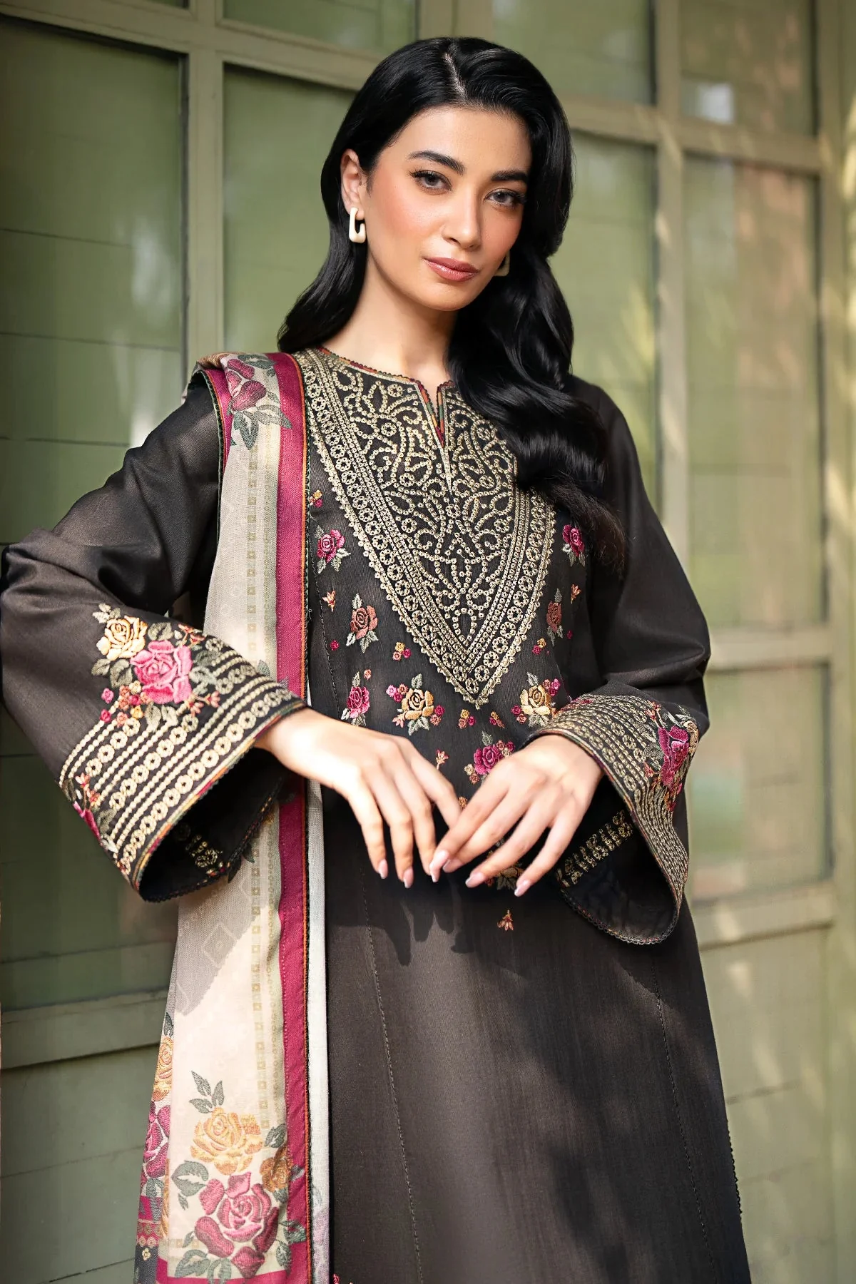 JAZMIN - 3PC KHADDAR EMBROIDERED SHIRT WITH PRINTED TWILL SHAWL AND TROUSER - KPR1797 - Image 4