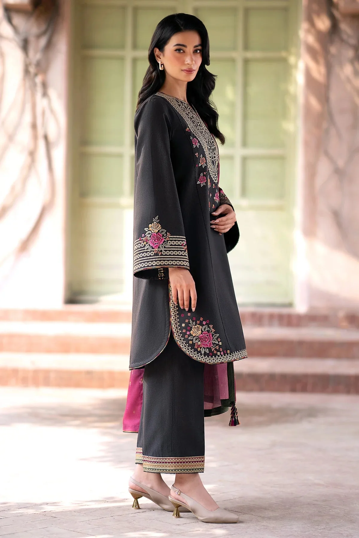 JAZMIN - 3PC KHADDAR EMBROIDERED SHIRT WITH PRINTED TWILL SHAWL AND TROUSER - KPR1797 - Image 5