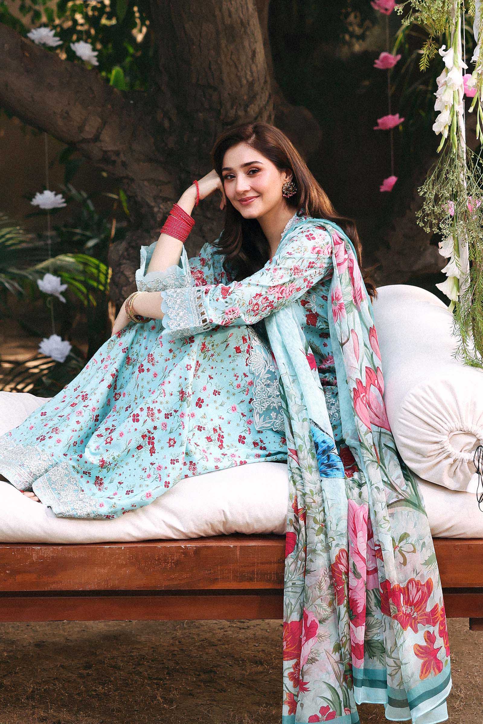 Maria b - 3 Piece Unstitched Embroidered Lawn Suit :DW-EF26-19-Ferozi - Image 8