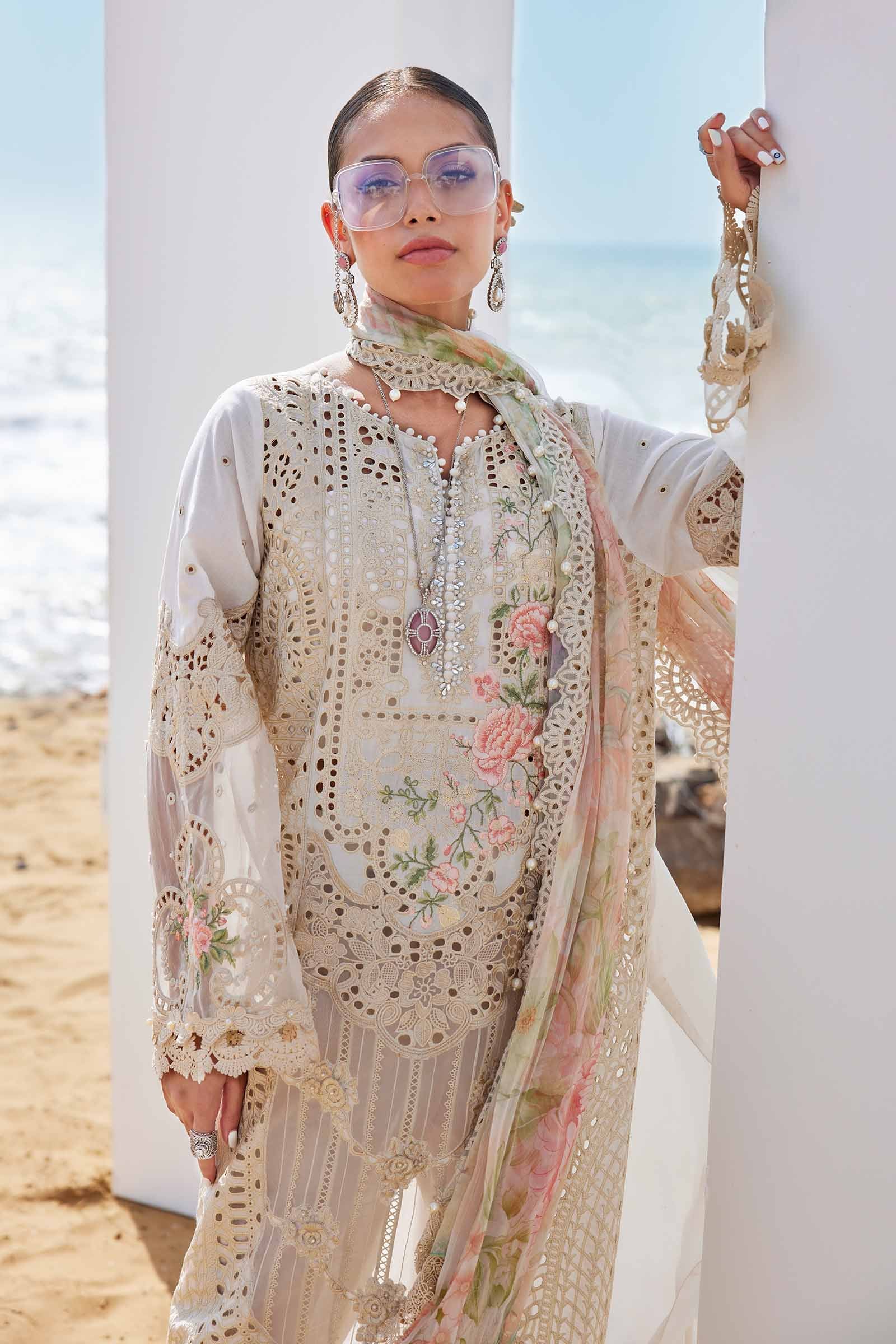MARIA B . 3 Piece Unstitched Embroidered Lawn Suit | EID LAWN-25-07 - Image 9