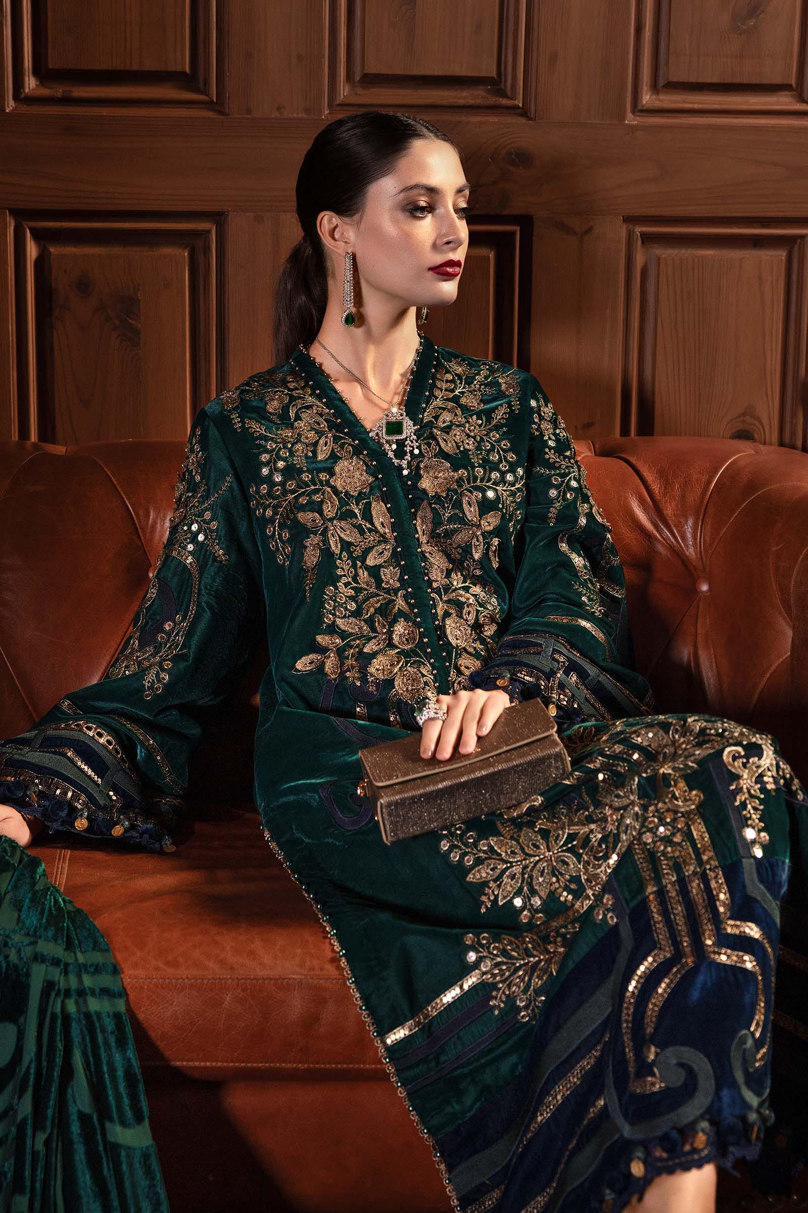 Maria B -3 Piece Unstitched Embroidered Velvet Suit WL-1302-Emerald Green - Image 2