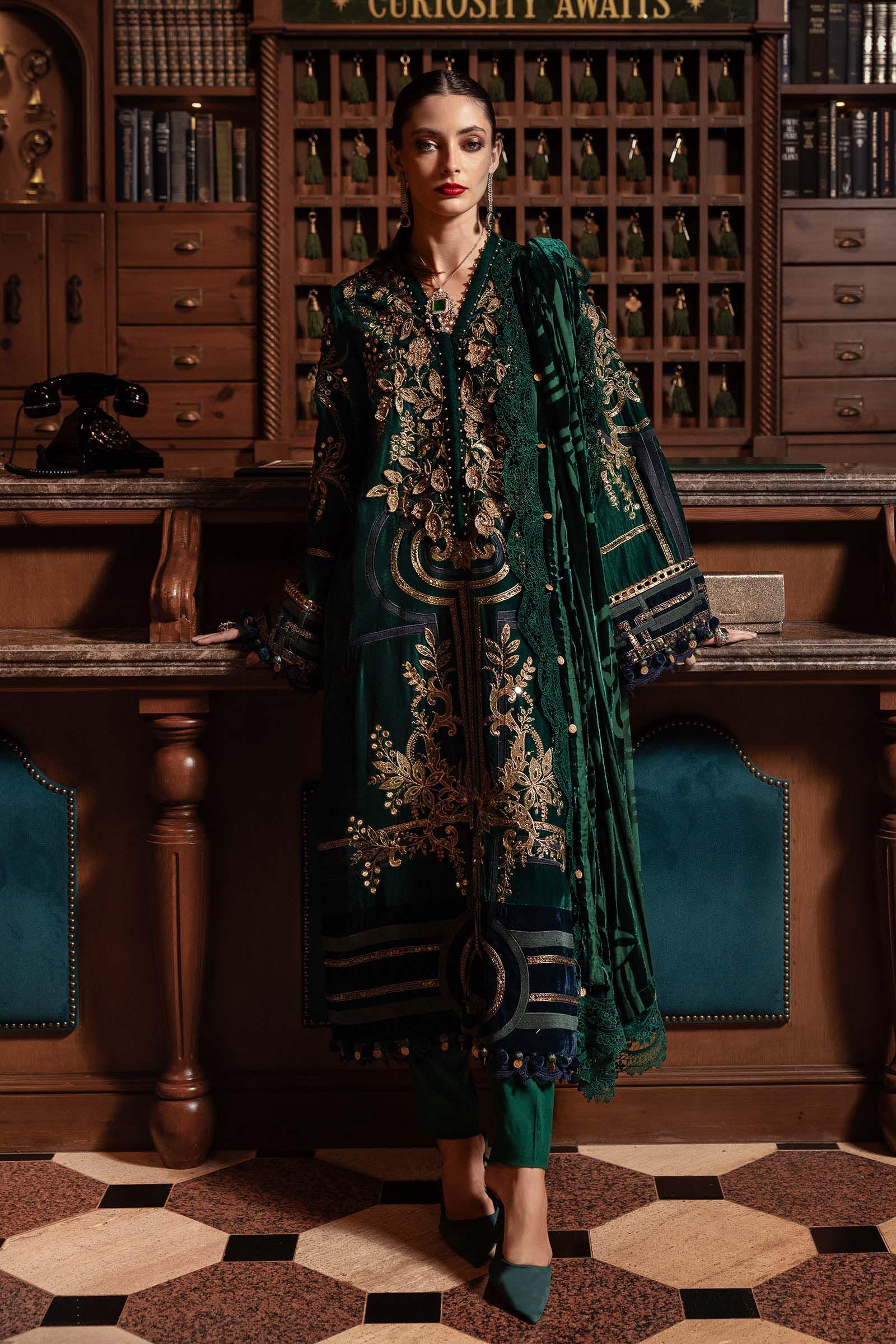 Maria B -3 Piece Unstitched Embroidered Velvet Suit WL-1302-Emerald Green - Image 3