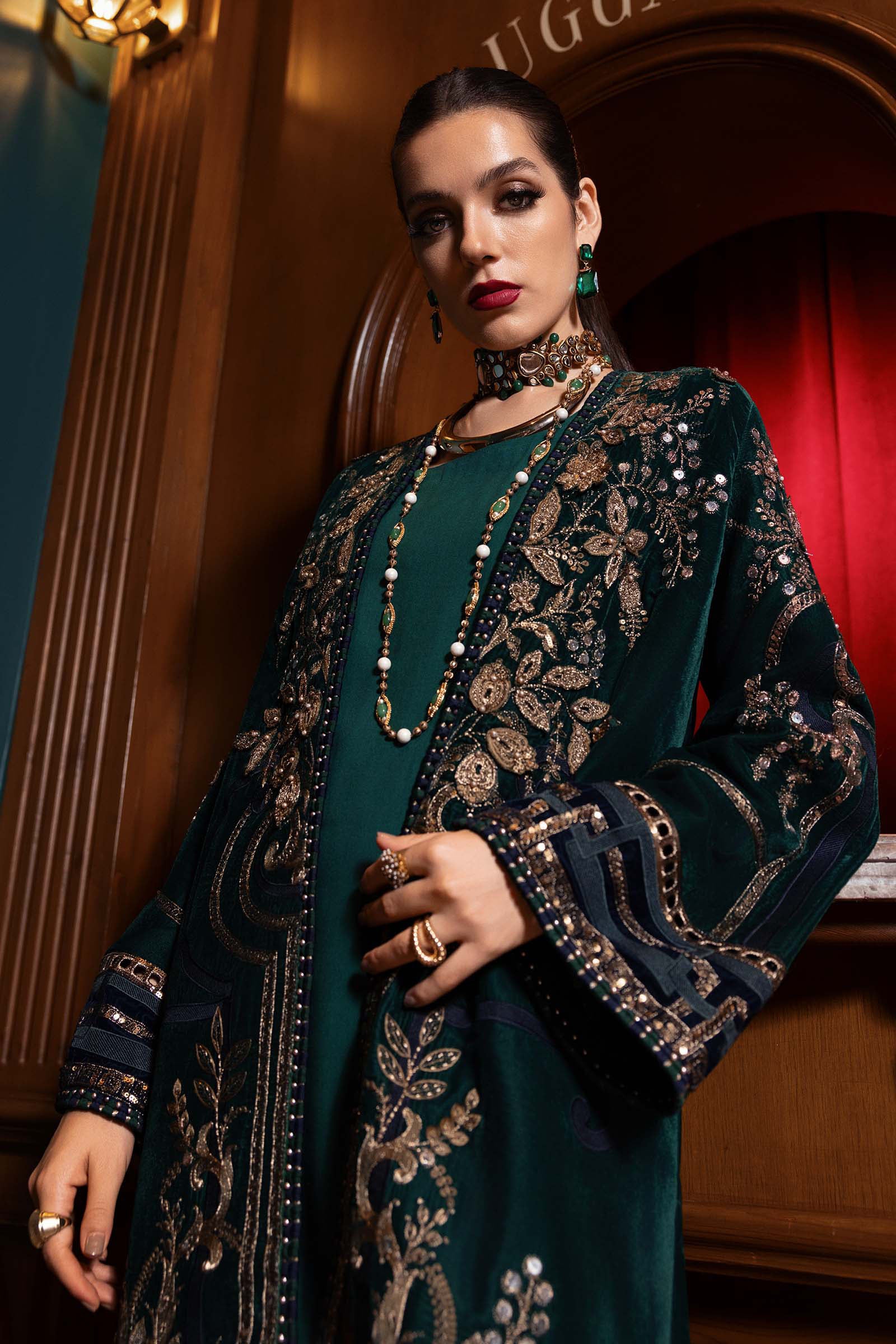 Maria B -3 Piece Unstitched Embroidered Velvet Suit WL-1302-Emerald Green - Image 4