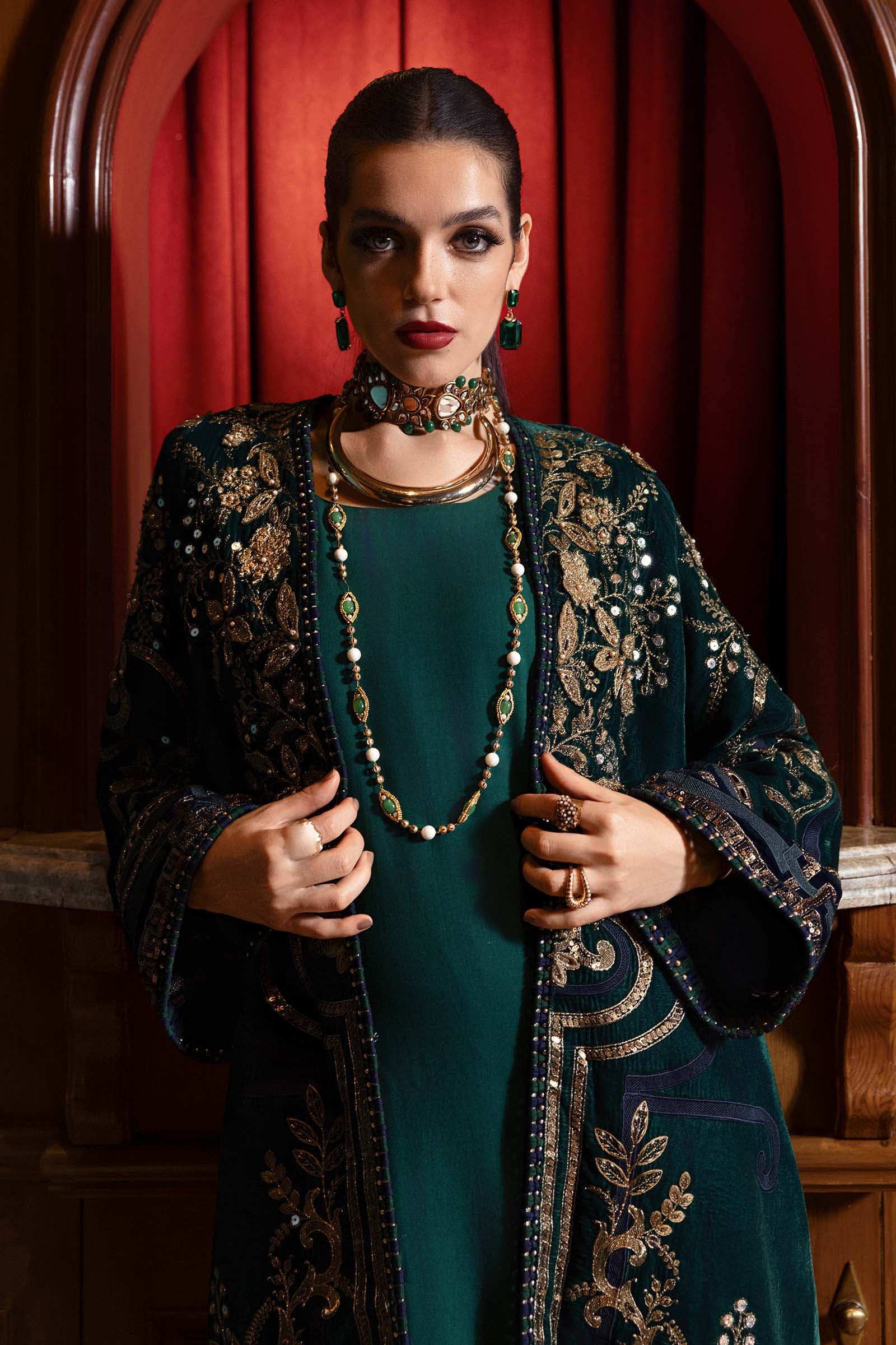 Maria B -3 Piece Unstitched Embroidered Velvet Suit WL-1302-Emerald Green - Image 5