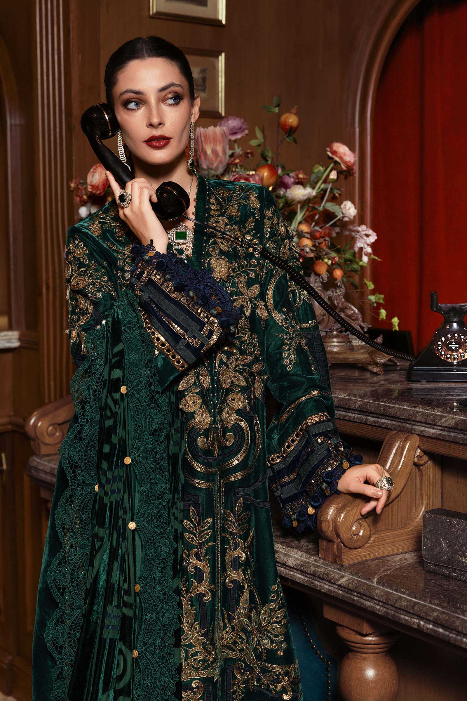 Maria B -3 Piece Unstitched Embroidered Velvet Suit WL-1302-Emerald Green - Image 6