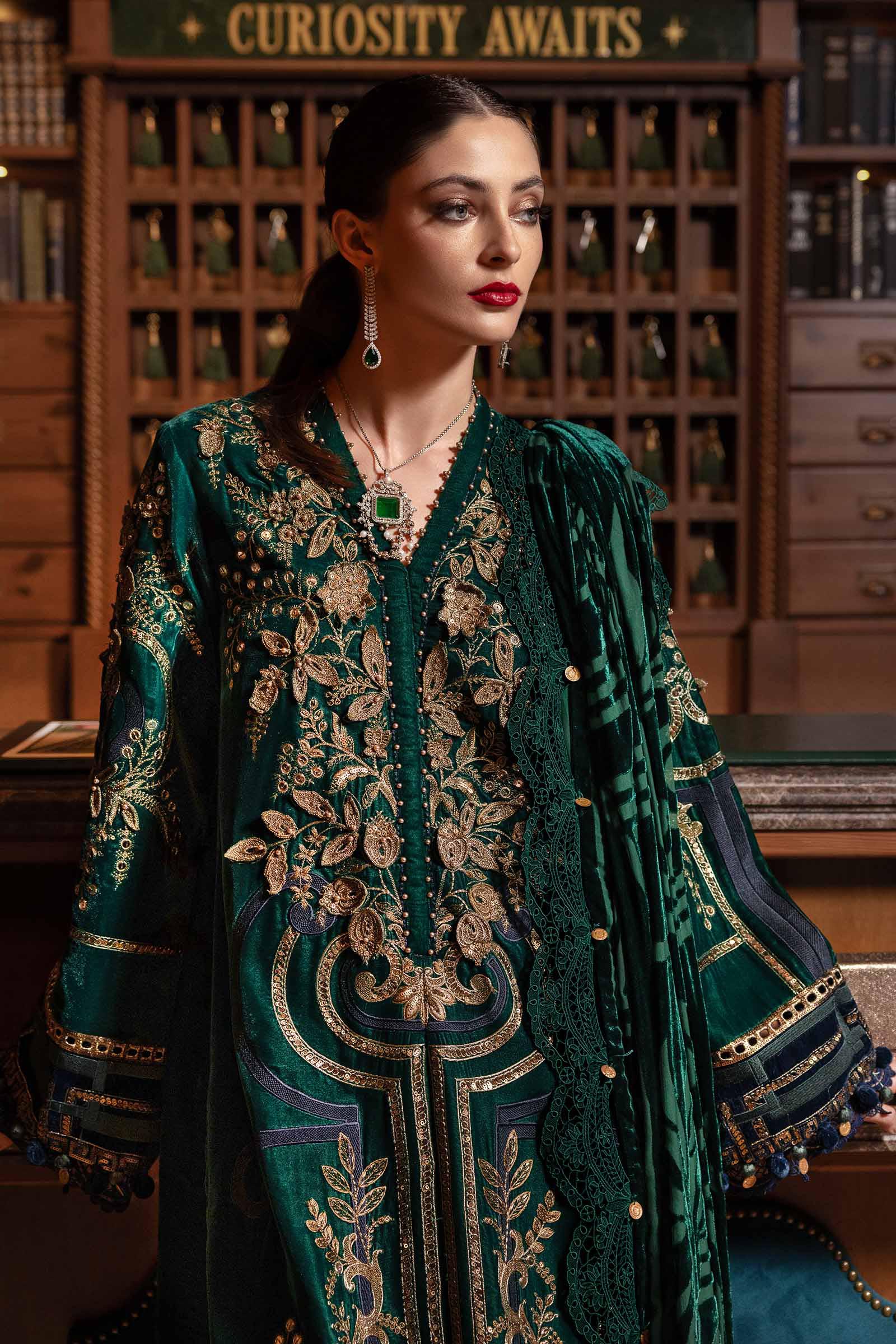 Maria B -3 Piece Unstitched Embroidered Velvet Suit WL-1302-Emerald Green - Image 7