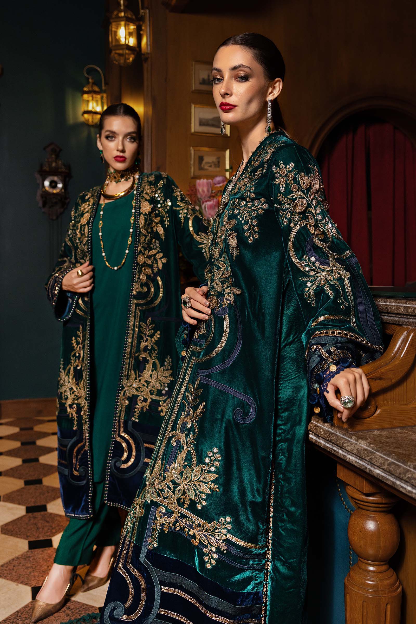 Maria B -3 Piece Unstitched Embroidered Velvet Suit WL-1302-Emerald Green - Image 8