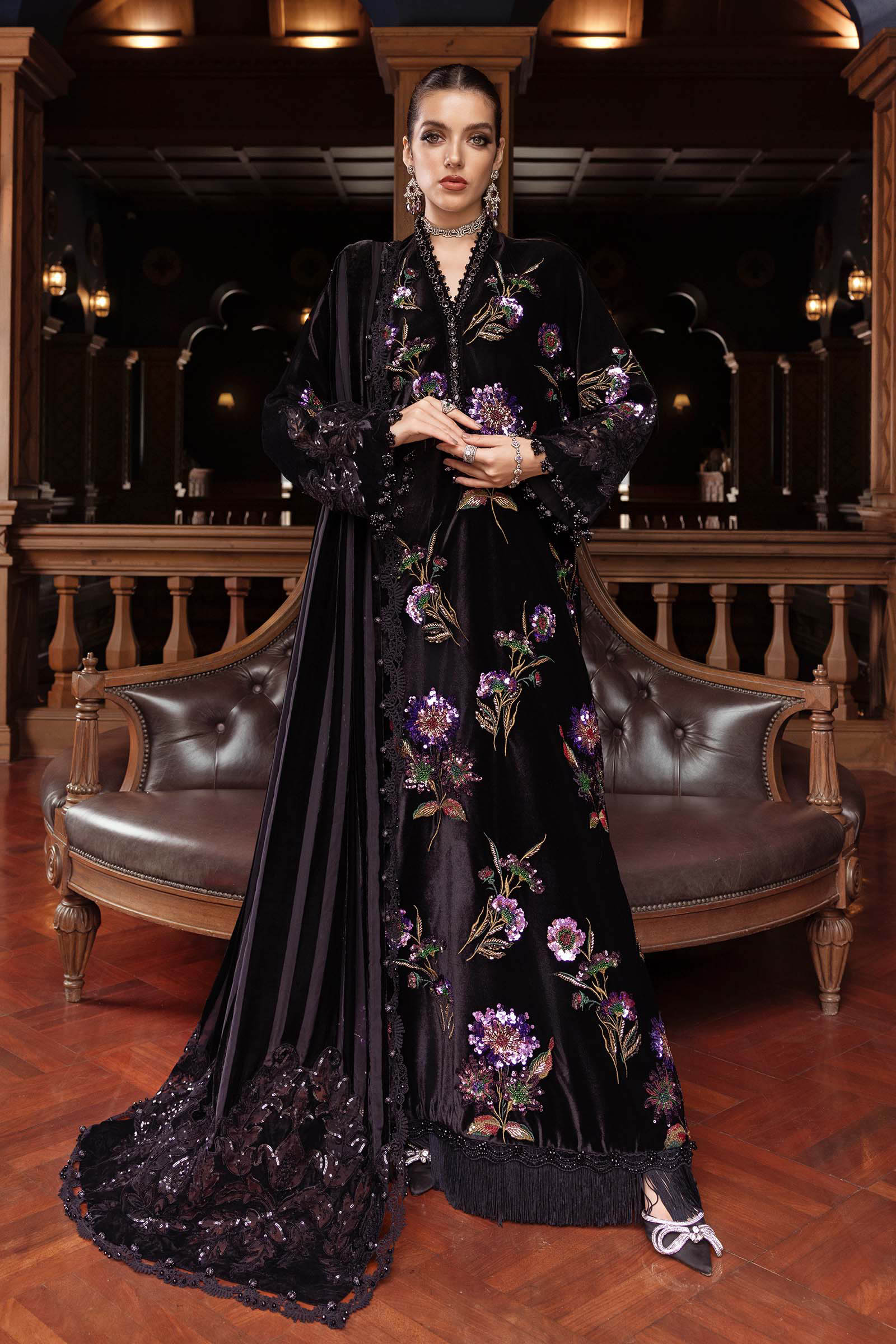Maria B PALACHI - 3 Piece Unstitched Velvet Embroidered Shirt Embroidered Velvet Shawl  WL-1306-Black and Purple