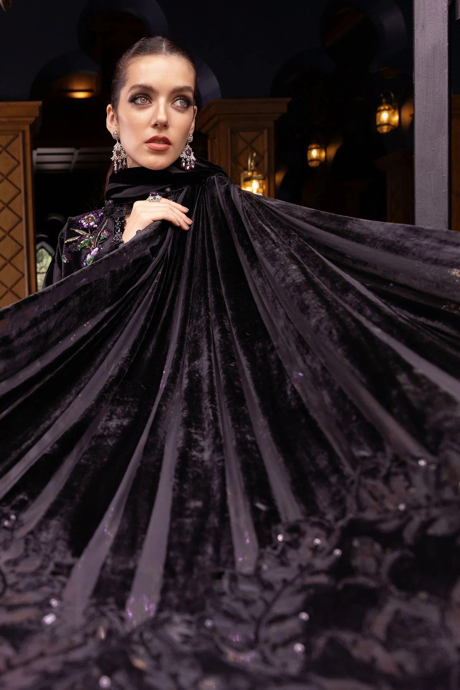 Maria B PALACHI - 3 Piece Unstitched Velvet Embroidered Shirt Embroidered Velvet Shawl  WL-1306-Black and Purple - Image 3