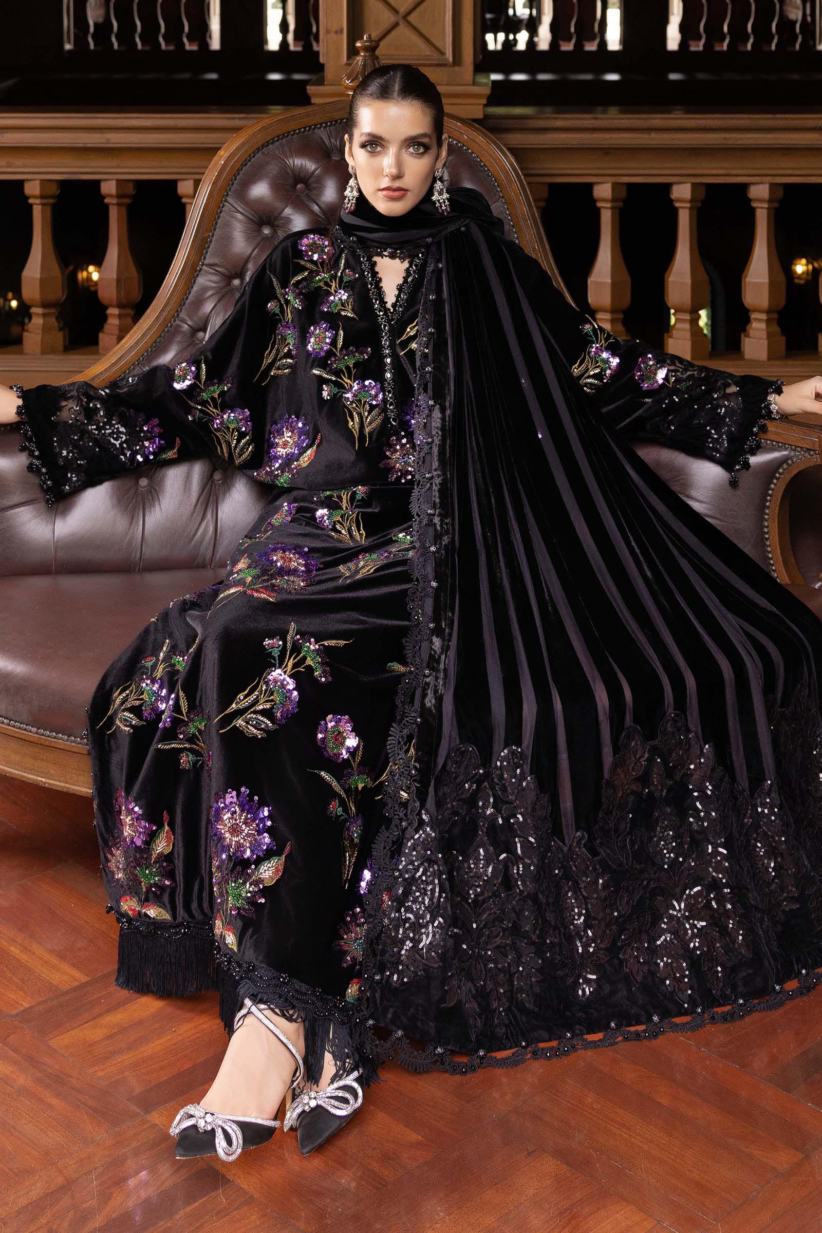Maria B PALACHI - 3 Piece Unstitched Velvet Embroidered Shirt Embroidered Velvet Shawl  WL-1306-Black and Purple - Image 6