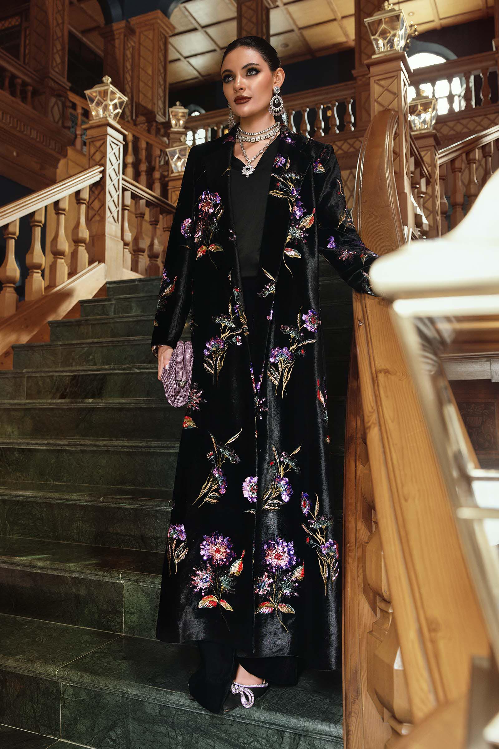 Maria B PALACHI - 3 Piece Unstitched Velvet Embroidered Shirt Embroidered Velvet Shawl  WL-1306-Black and Purple - Image 7