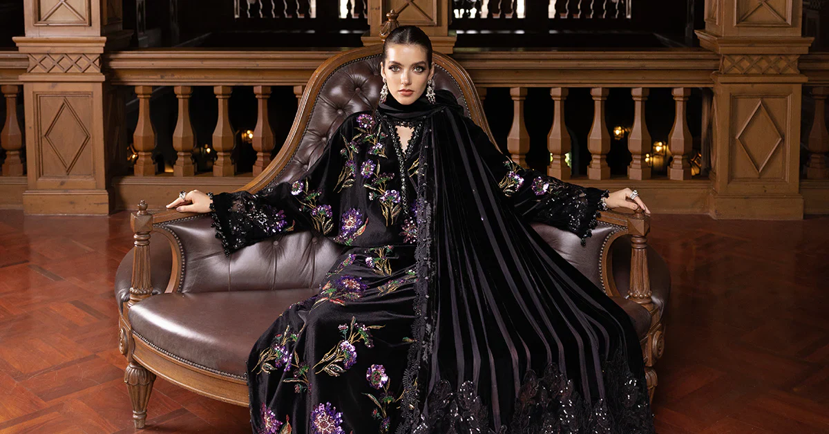 Maria B PALACHI - 3 Piece Unstitched Velvet Embroidered Shirt Embroidered Velvet Shawl  WL-1306-Black and Purple - Image 8