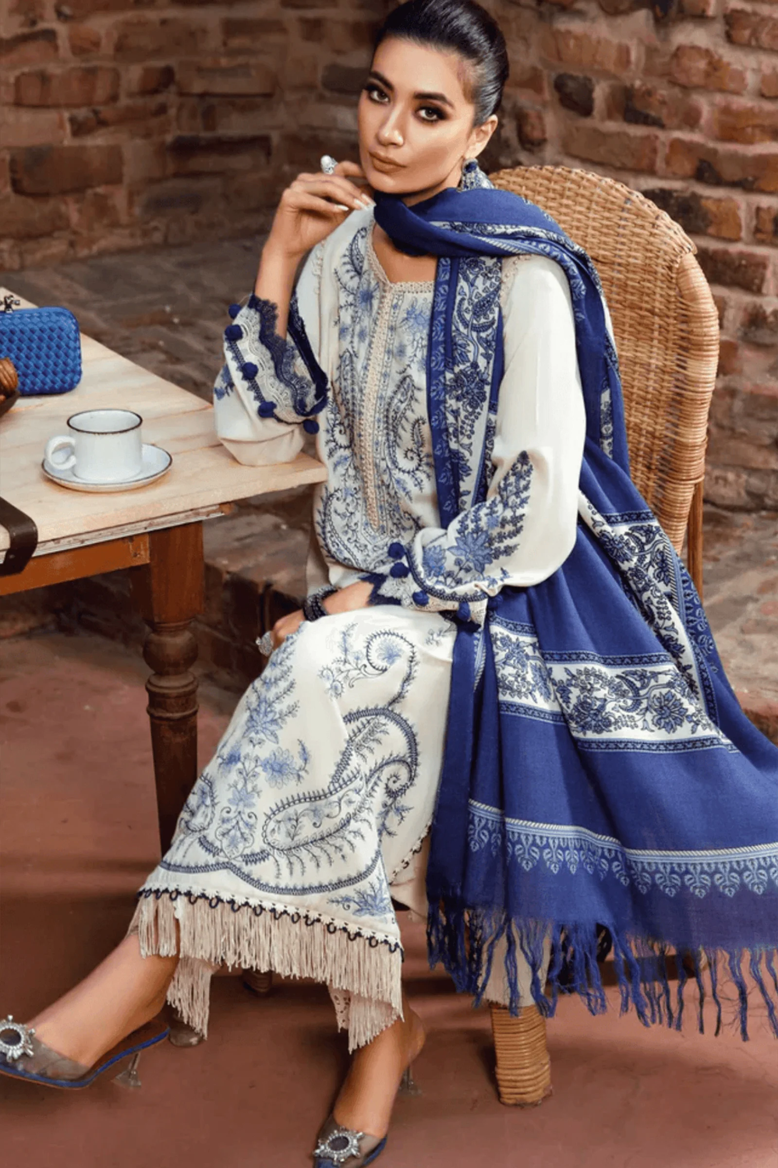 MARIA B - 3PC DHANAK EMBROIDERED SHIRT WITH PASHMINA DUPATTA AND TROUSER- Kpr 1330 - Image 2