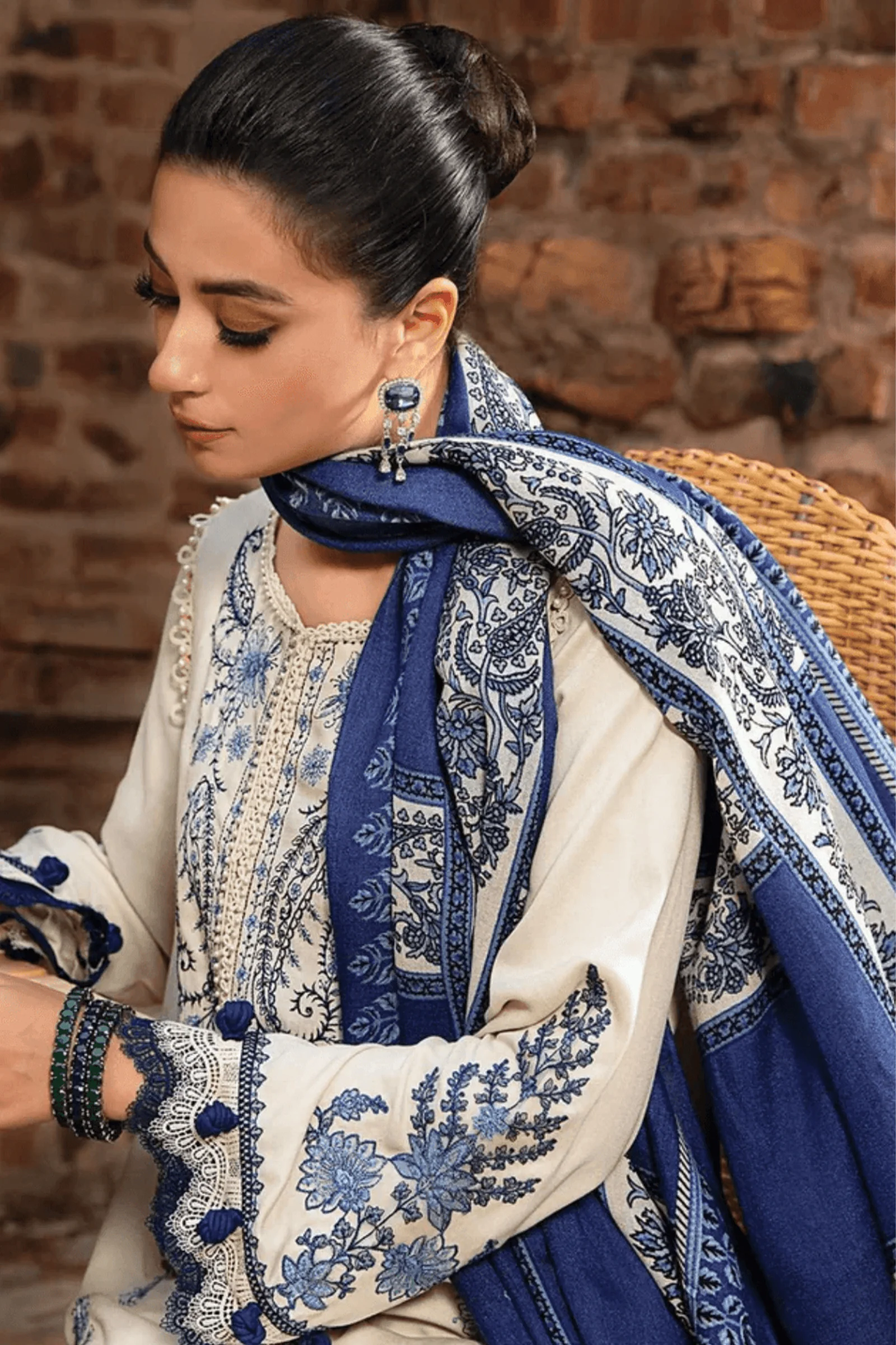 MARIA B - 3PC DHANAK EMBROIDERED SHIRT WITH PASHMINA DUPATTA AND TROUSER- Kpr 1330 - Image 3