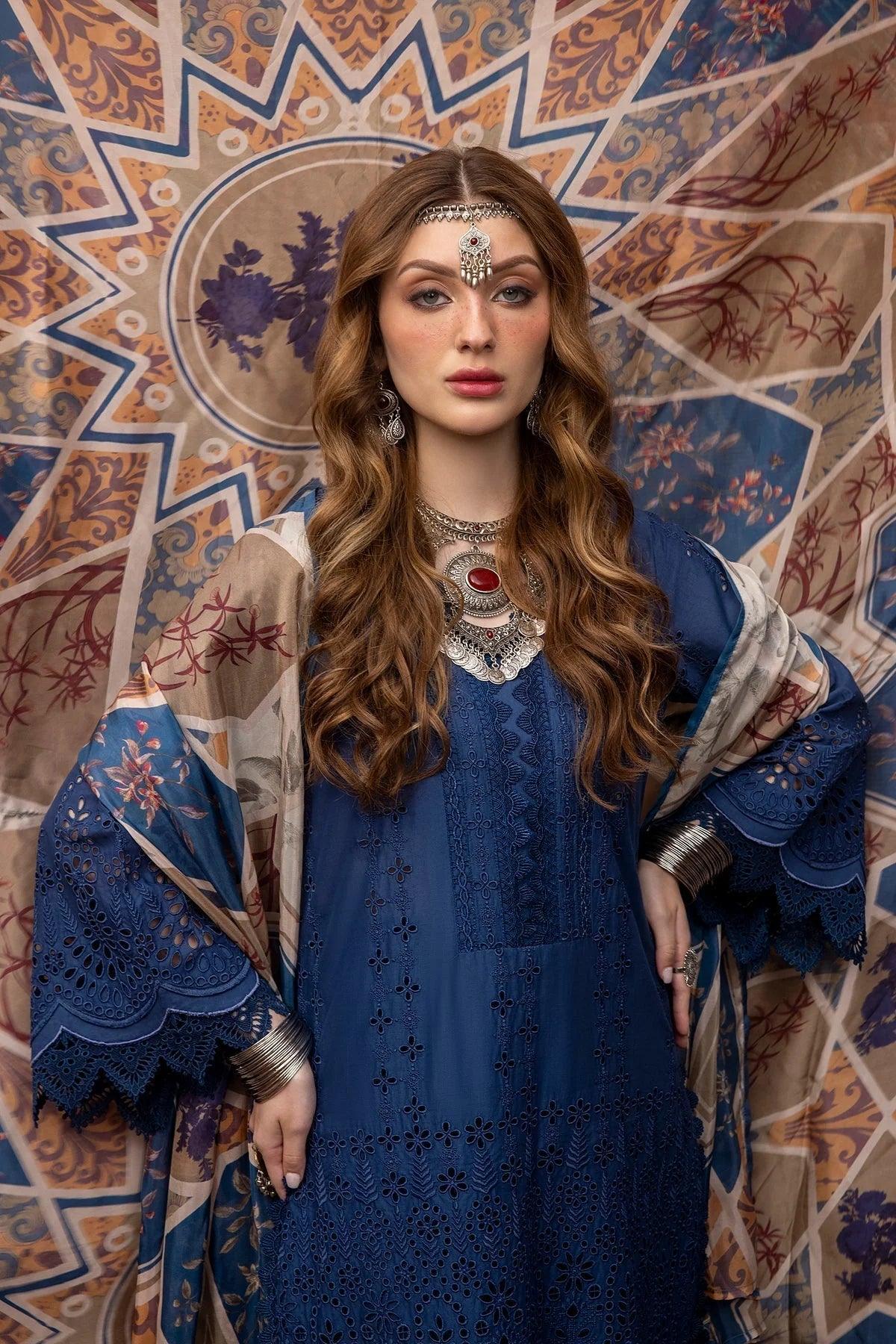 MARIA B - 3PC LAWN CHIKANKAARI EMBROIDERED SHIRT WITH DIAMOND PRINTED DUPATTA AND TROUSER - HZG1566 - Image 3