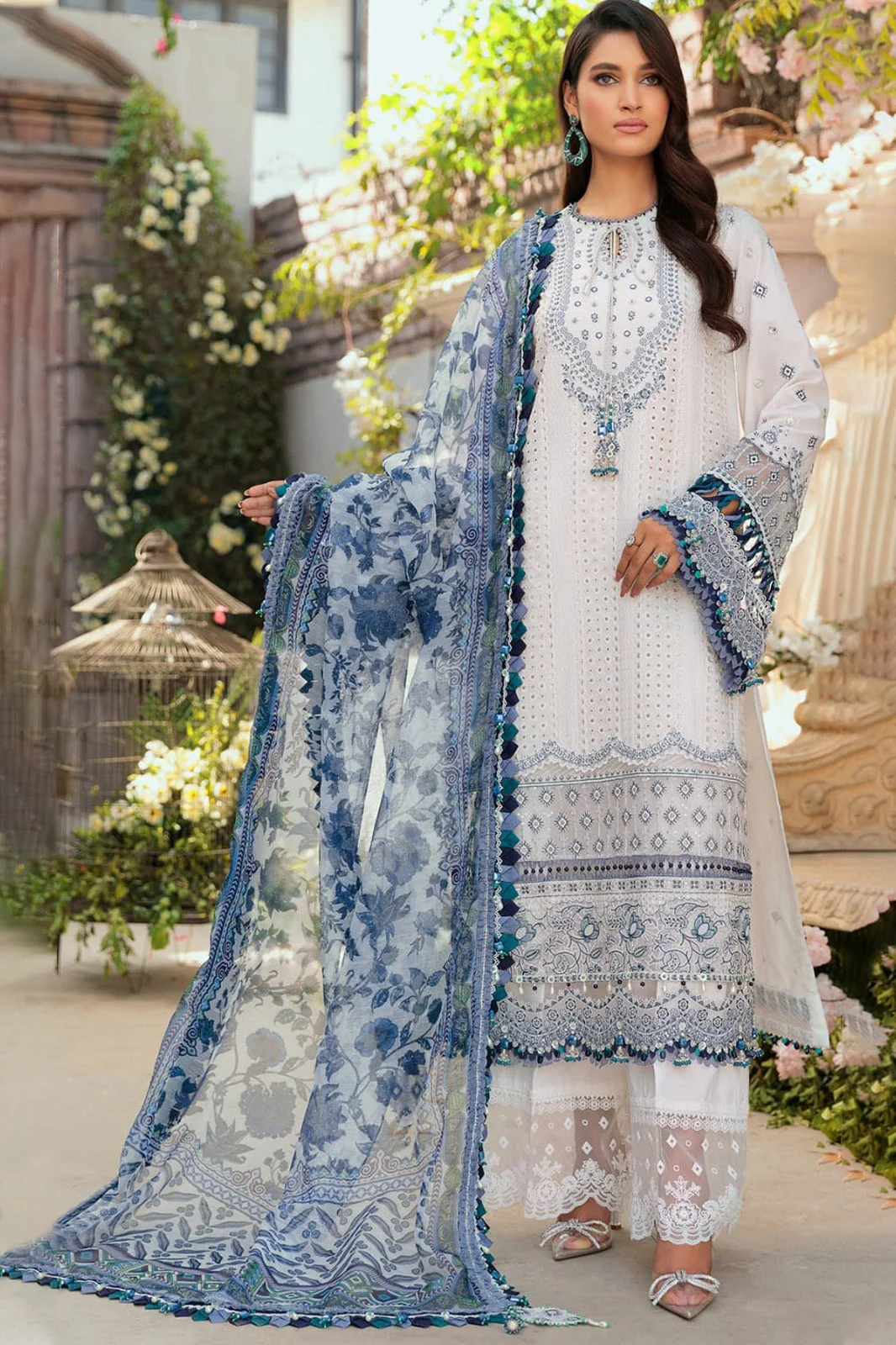 MARIA B - 3PC LAWN EMBROIDERED CHIKANKARI SHIRT WITH PRINTED DUPATTA AND TROUSER - HZG1526