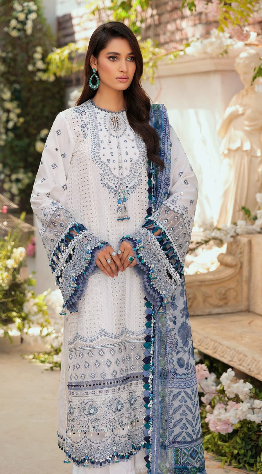 MARIA B - 3PC LAWN EMBROIDERED CHIKANKARI SHIRT WITH PRINTED DUPATTA AND TROUSER - HZG1526 - Image 2