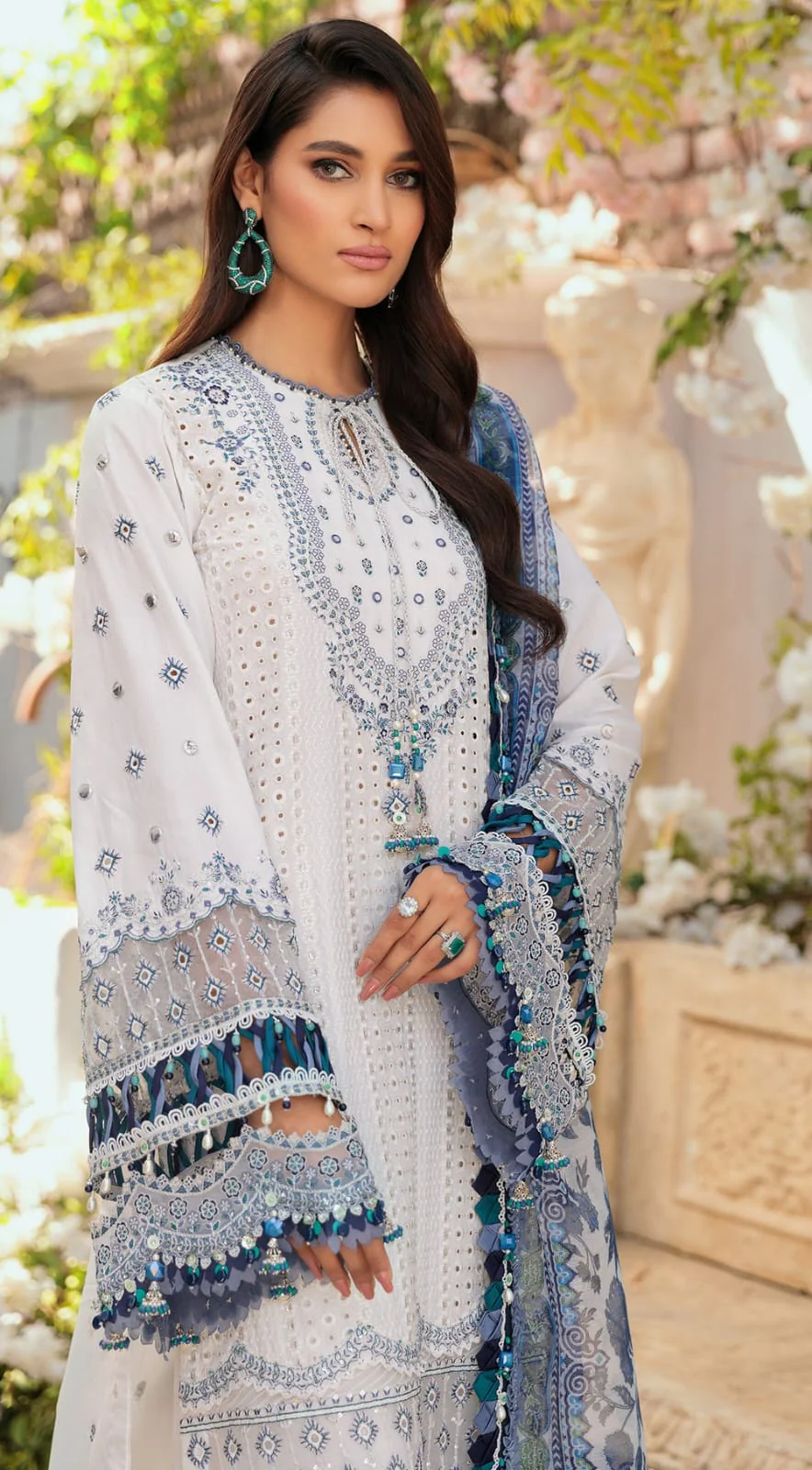 MARIA B - 3PC LAWN EMBROIDERED CHIKANKARI SHIRT WITH PRINTED DUPATTA AND TROUSER - HZG1526 - Image 3