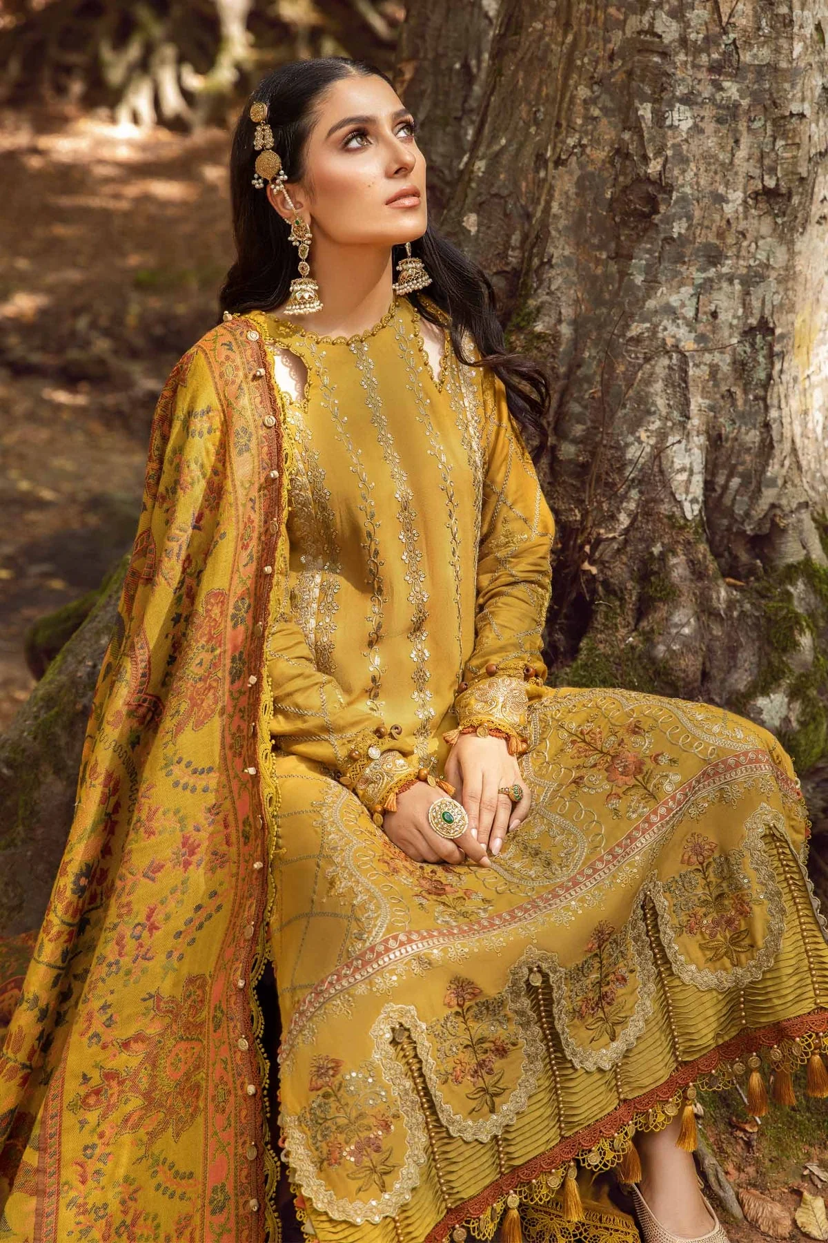 Maria B - 3PC LAWN EMBROIDERED SHIRT WITH VOIL PRINTED M DUPATTA AND TROUSER - Mustard DL-1110 - Image 3