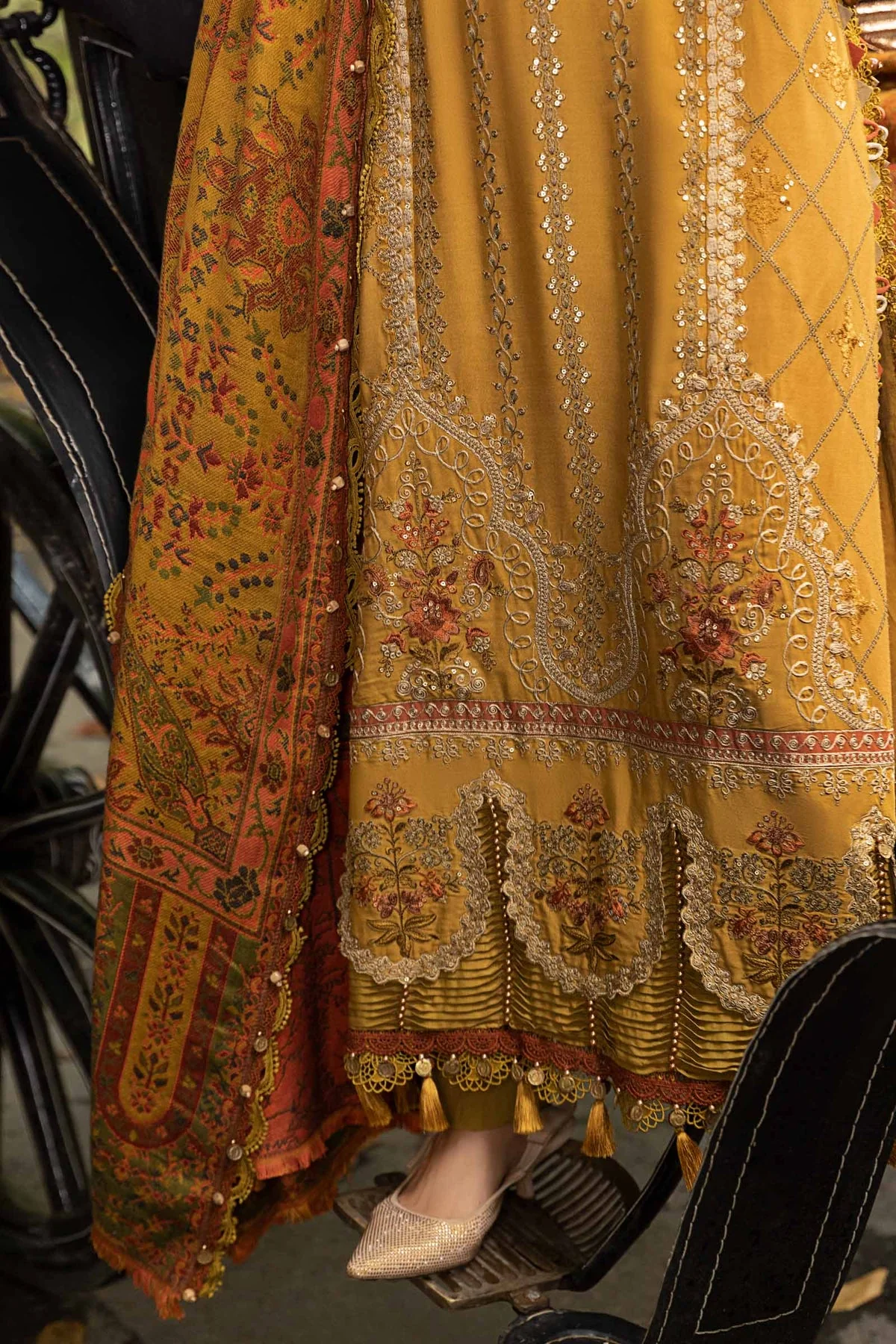 Maria B - 3PC LAWN EMBROIDERED SHIRT WITH VOIL PRINTED M DUPATTA AND TROUSER - Mustard DL-1110 - Image 4