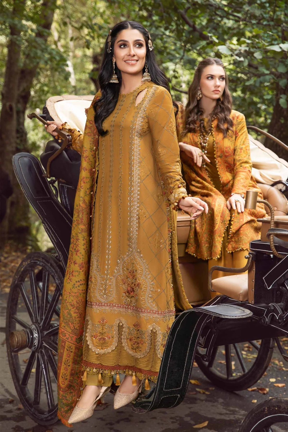 Maria B - 3PC LAWN EMBROIDERED SHIRT WITH VOIL PRINTED M DUPATTA AND TROUSER - Mustard DL-1110 - Image 5