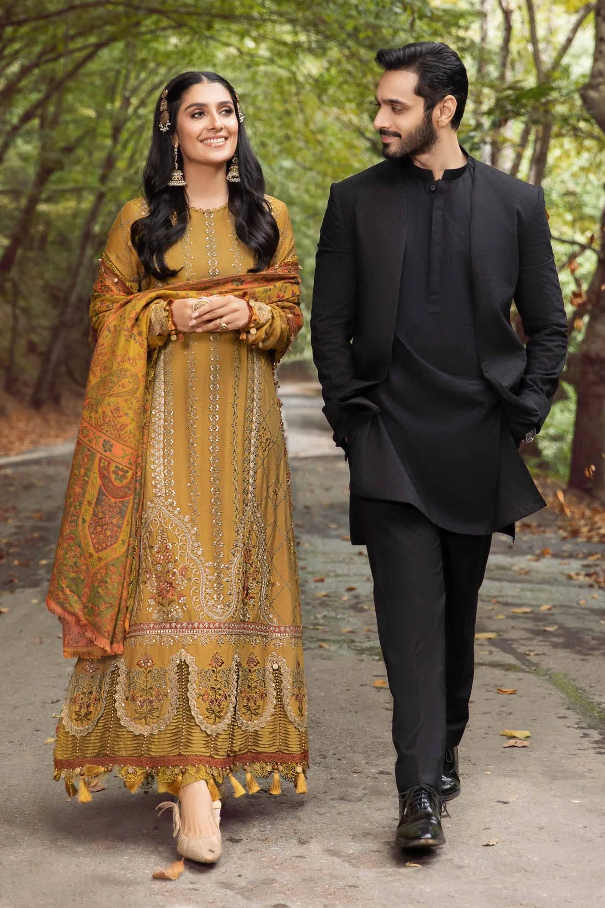 Maria B - 3PC LAWN EMBROIDERED SHIRT WITH VOIL PRINTED M DUPATTA AND TROUSER - Mustard DL-1110 - Image 6