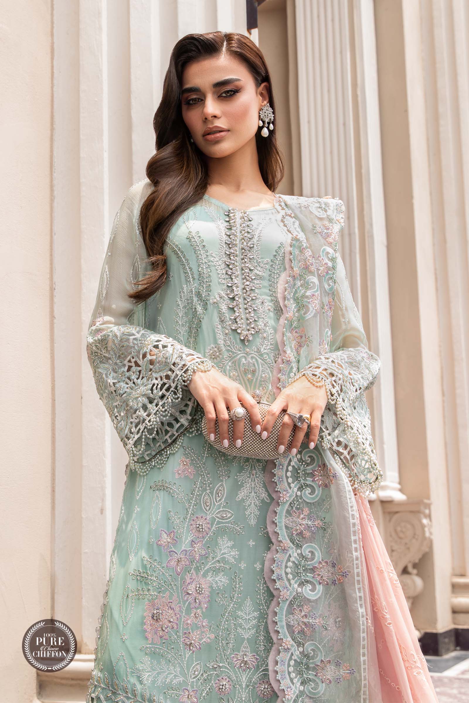 Maria.B Unstitched 3 Pieces Chiffon Embroidered Suit MPC-23-104 Mint Green - Image 2