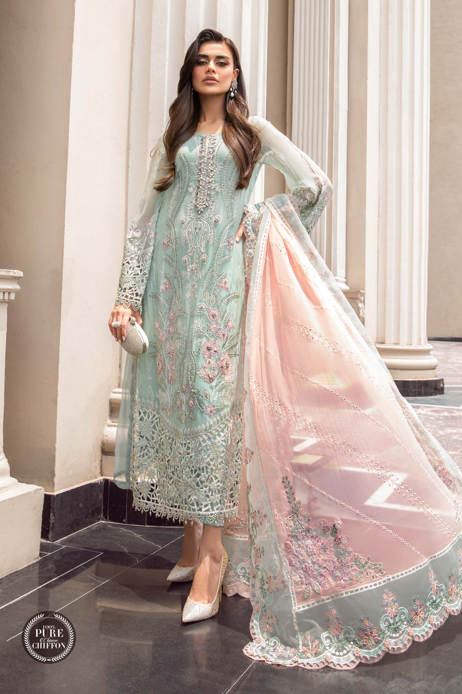 Maria.B Unstitched 3 Pieces Chiffon Embroidered Suit MPC-23-104 Mint Green - Image 4