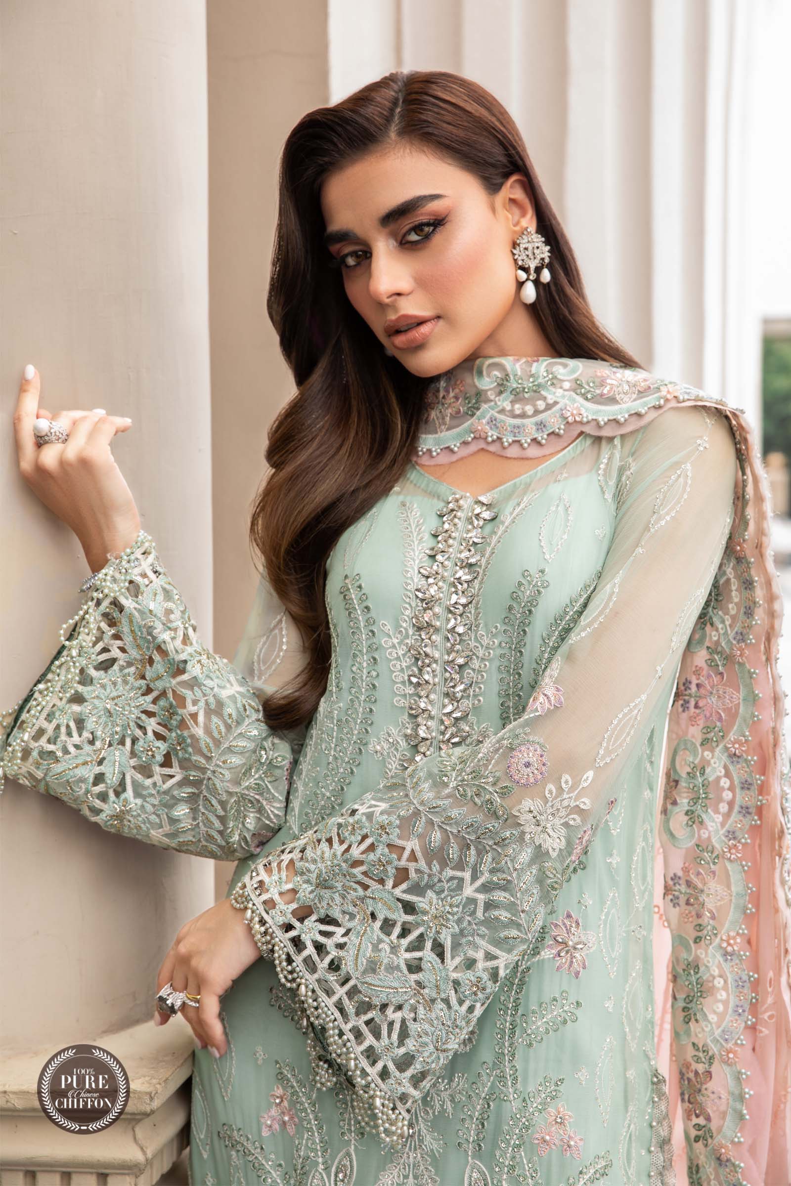 Maria.B Unstitched 3 Pieces Chiffon Embroidered Suit MPC-23-104 Mint Green - Image 5