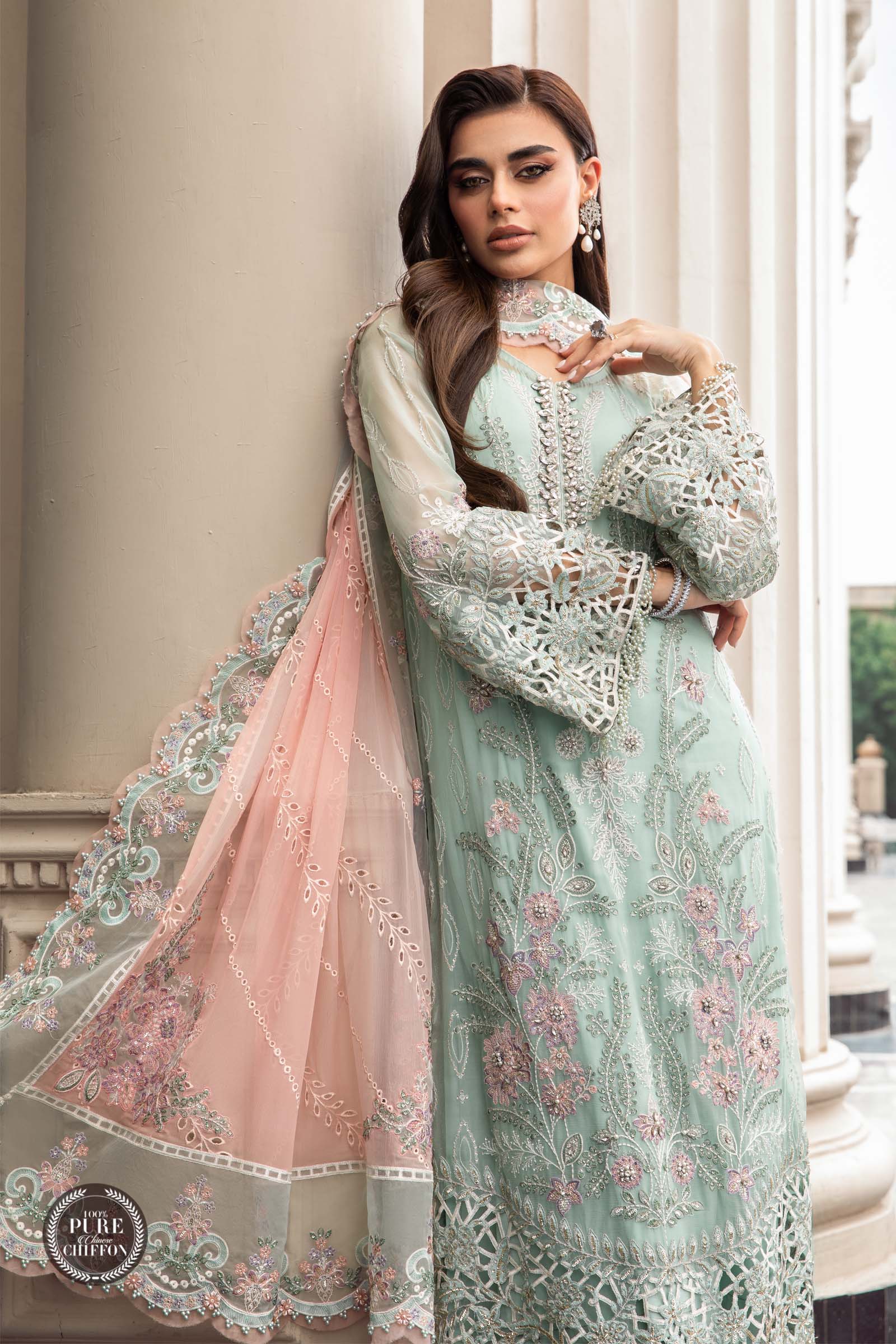 Maria.B Unstitched 3 Pieces Chiffon Embroidered Suit MPC-23-104 Mint Green - Image 8