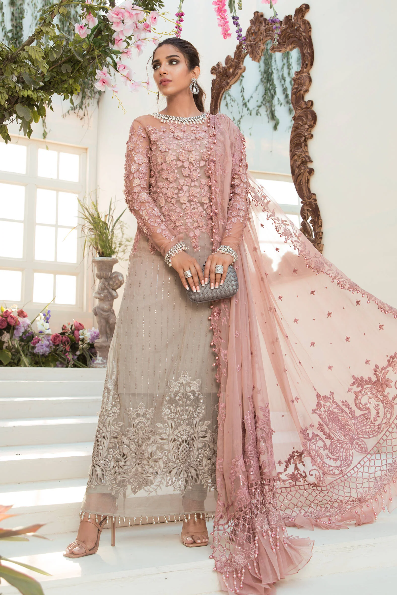 MARIA B - Unstitched MBROIDERED - Coffee and Ash Pink (BD-2101)