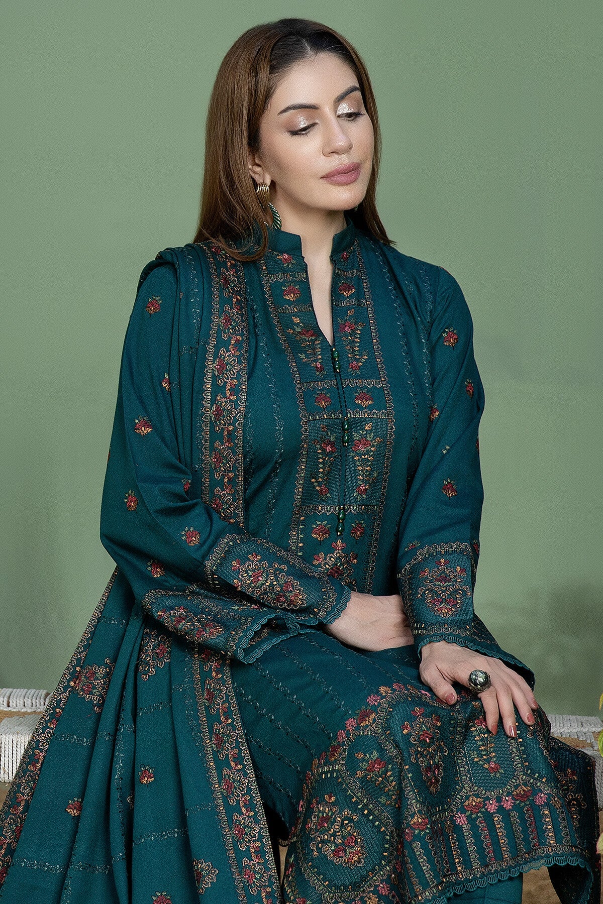 Noor-e-fajar  - 3PC DHANAK EMBROIDERED SHIRT DHANAK HEAVY EMBROIDERED SHAWL DUPATTA AND TROUSER - Image 3