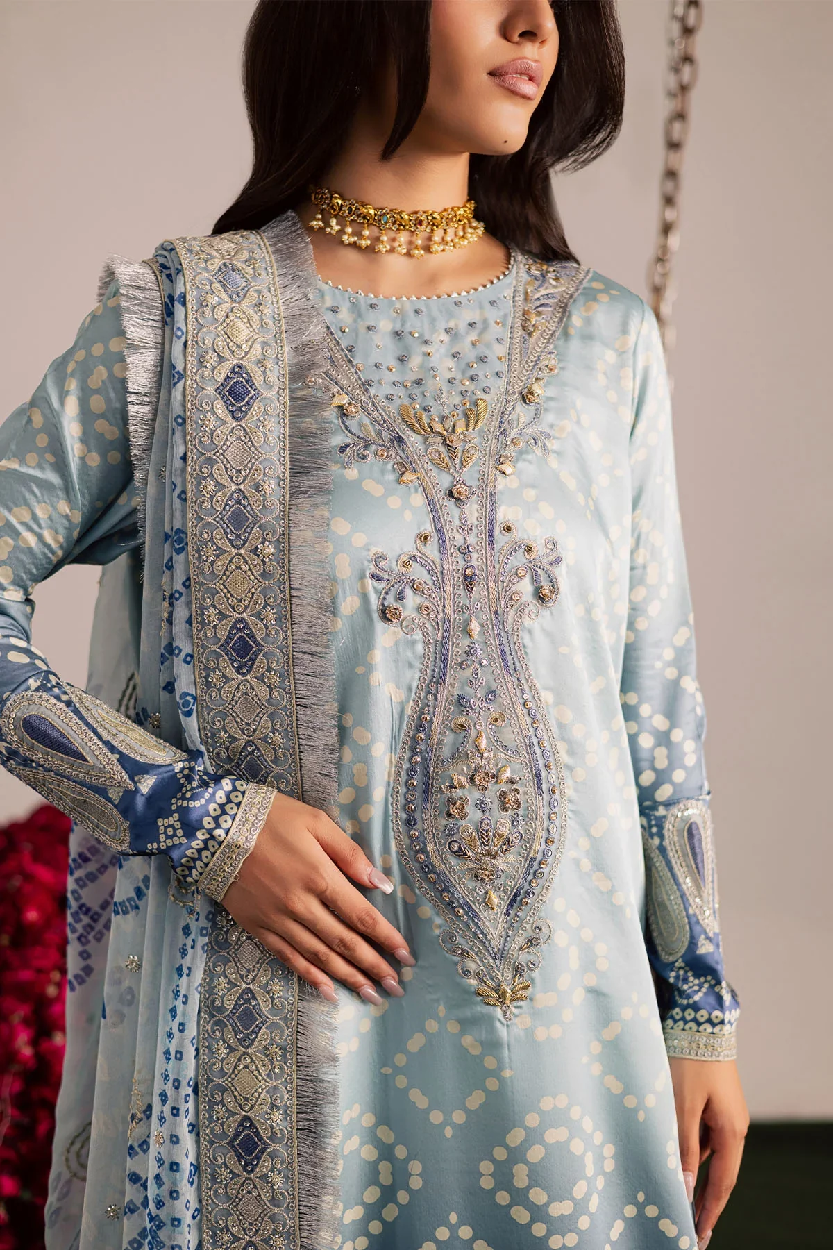NUREH - 3PC LAWN EMBROIDERED SHIRT WITH MANAAR PRINTED DUPATTA AND TROUSER - NP-698 - Image 2