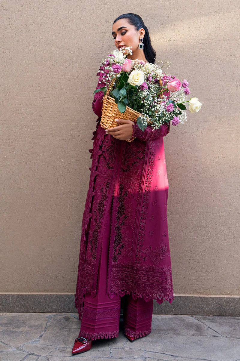 QALAMKAR - 3PC LAWN EMBROIDERED SHIRT WITH JACQUARD WEAVED EMBROIDERED DUPATTA AND COTTON TROUSER - KPR-FK-11 VIOLET - Image 3