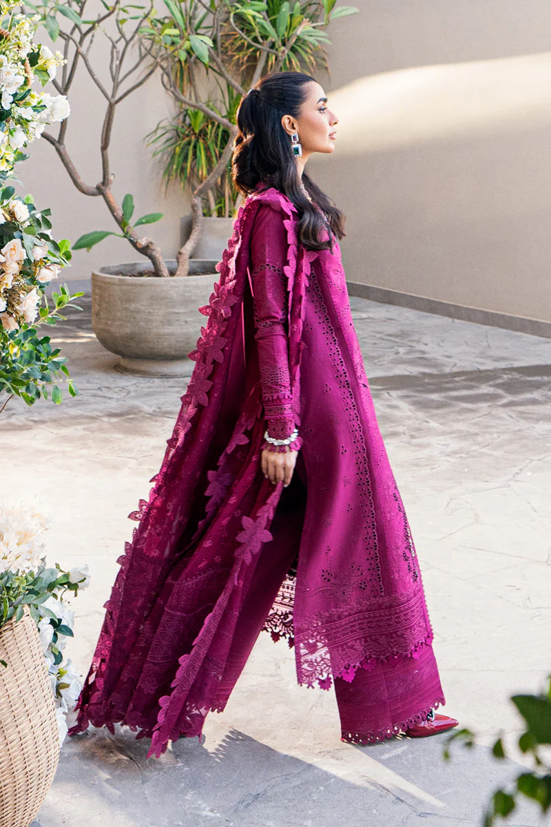 QALAMKAR - 3PC LAWN EMBROIDERED SHIRT WITH JACQUARD WEAVED EMBROIDERED DUPATTA AND COTTON TROUSER - KPR-FK-11 VIOLET - Image 6