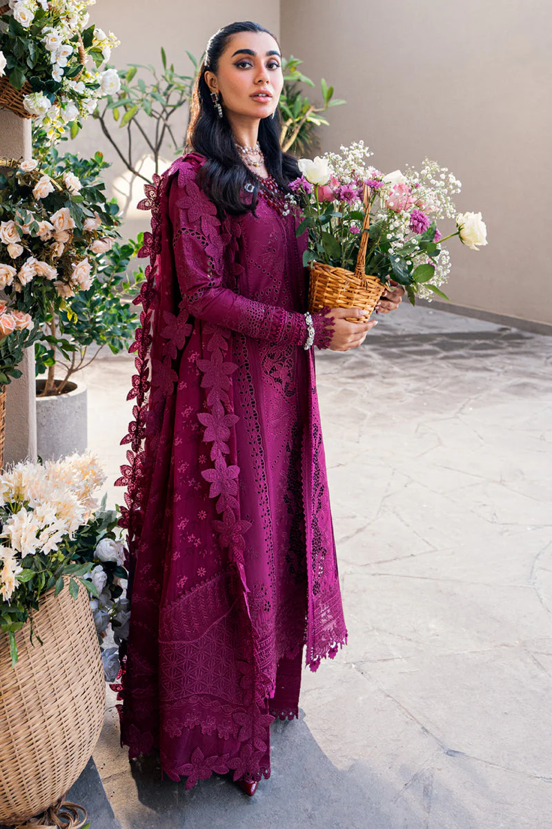 QALAMKAR - 3PC LAWN EMBROIDERED SHIRT WITH JACQUARD WEAVED EMBROIDERED DUPATTA AND COTTON TROUSER - KPR-FK-11 VIOLET - Image 7