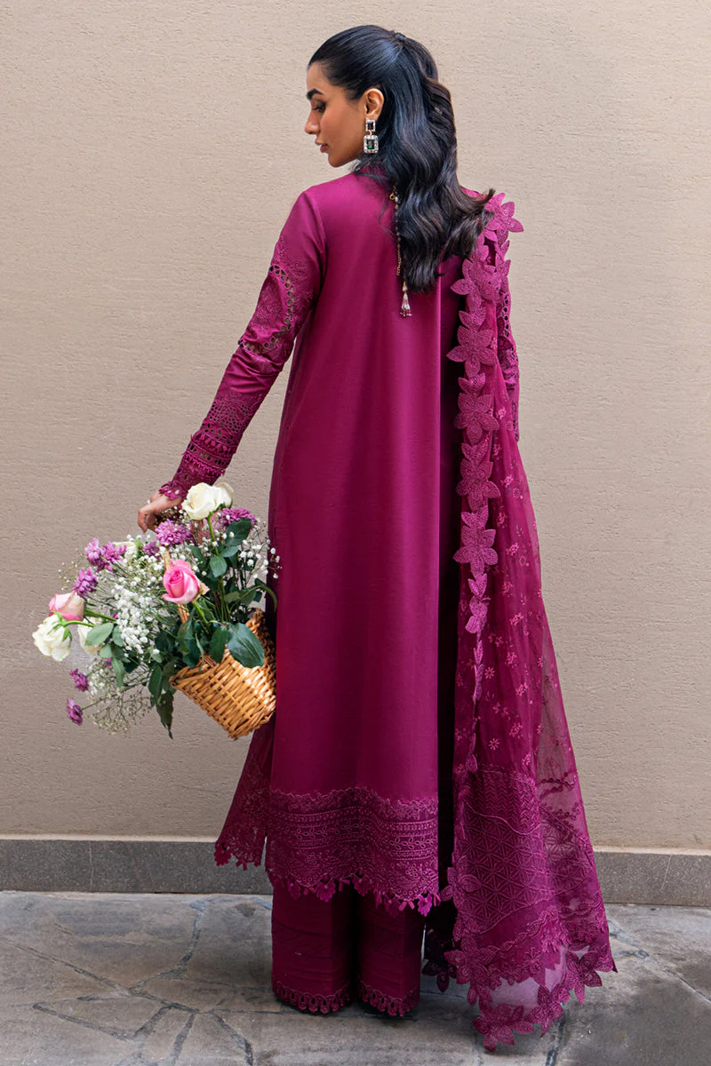 QALAMKAR - 3PC LAWN EMBROIDERED SHIRT WITH JACQUARD WEAVED EMBROIDERED DUPATTA AND COTTON TROUSER - KPR-FK-11 VIOLET - Image 9