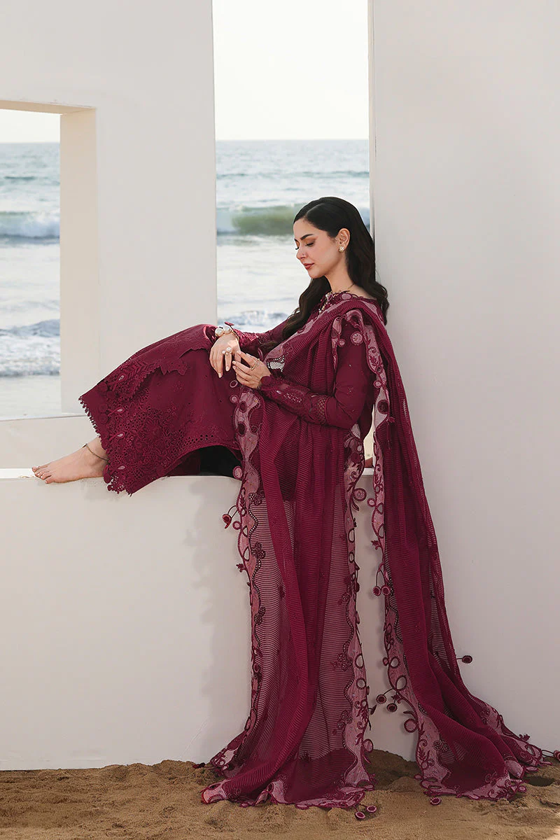 QALAMKAR - 3PC LAWN EMBROIDERED SHIRT WITH JACQUARD WEAVED EMBROIDERED DUPATTA AND COTTON TROUSER -SA-14 NELAM - Image 3