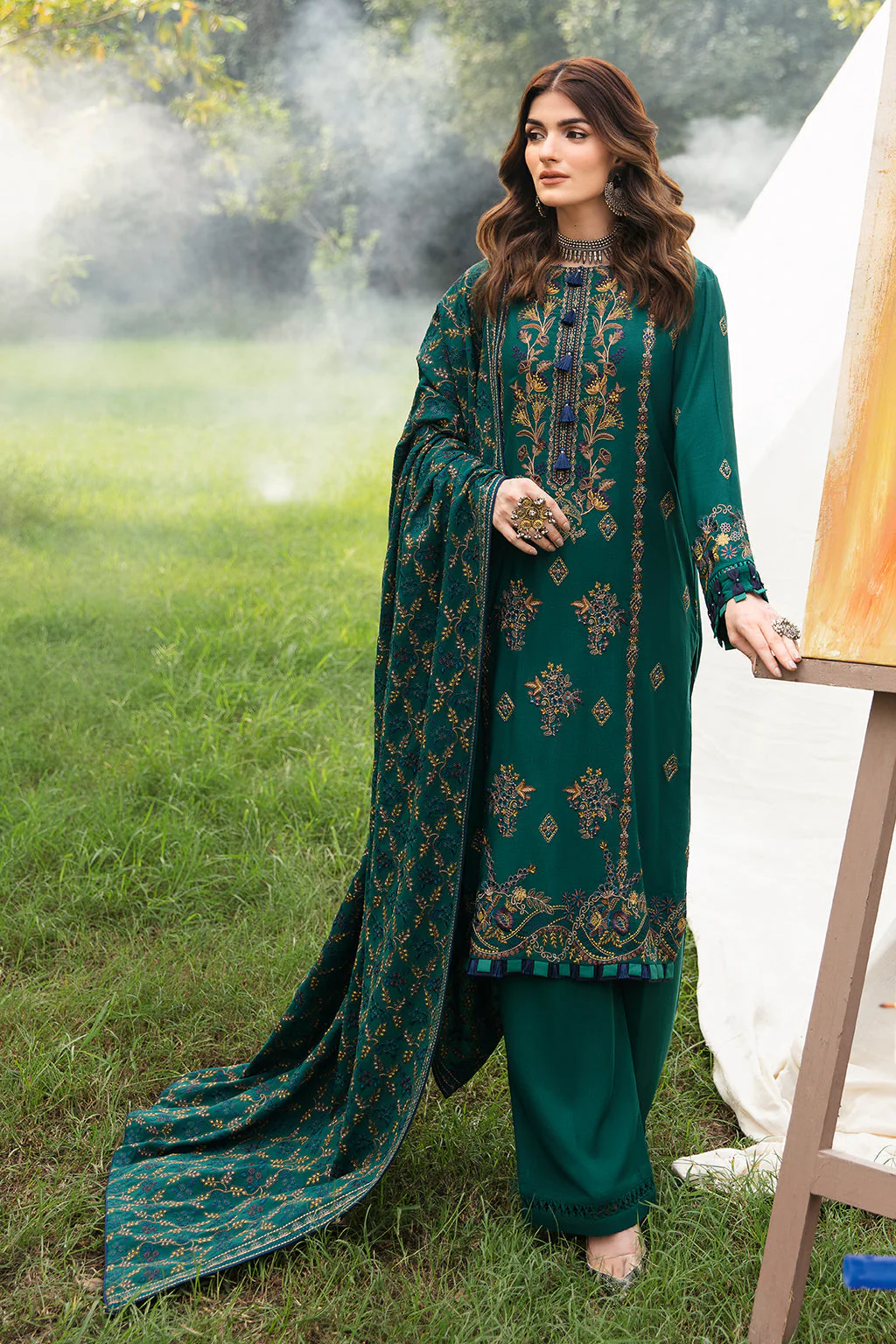 RAMSHA  - 3PC DHANAK EMBROIDERED SHIRT DHANAK HEAVY EMBROIDERED SHAWL DUPATTA AND TROUSER KP7