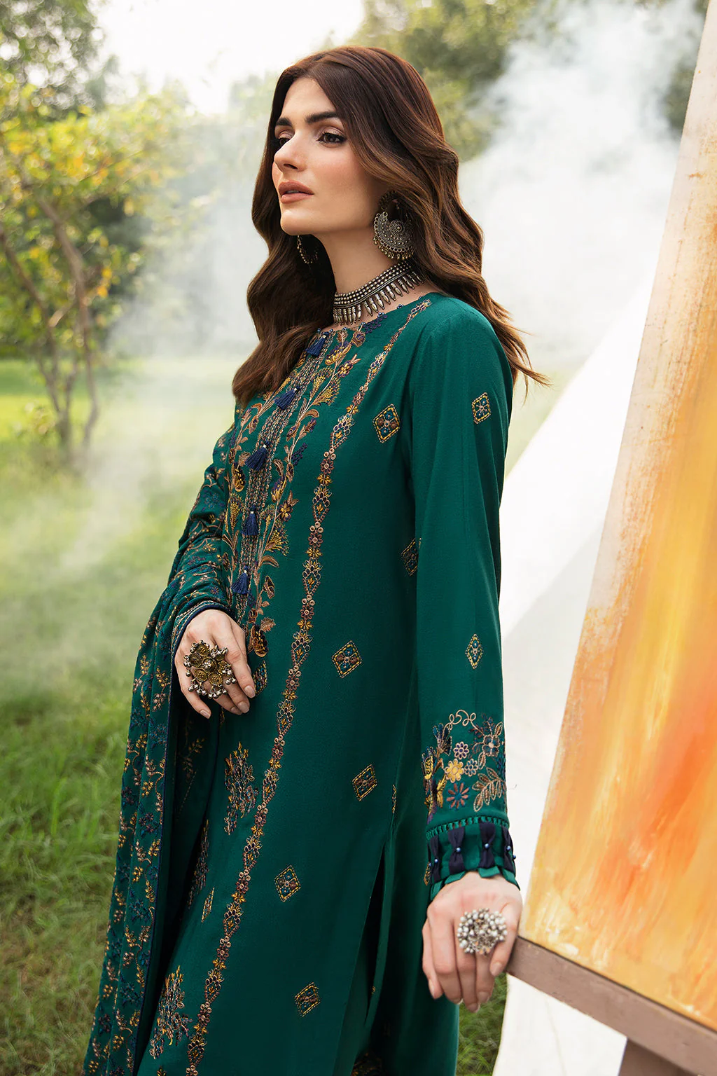 RAMSHA  - 3PC DHANAK EMBROIDERED SHIRT DHANAK HEAVY EMBROIDERED SHAWL DUPATTA AND TROUSER KP7 - Image 2