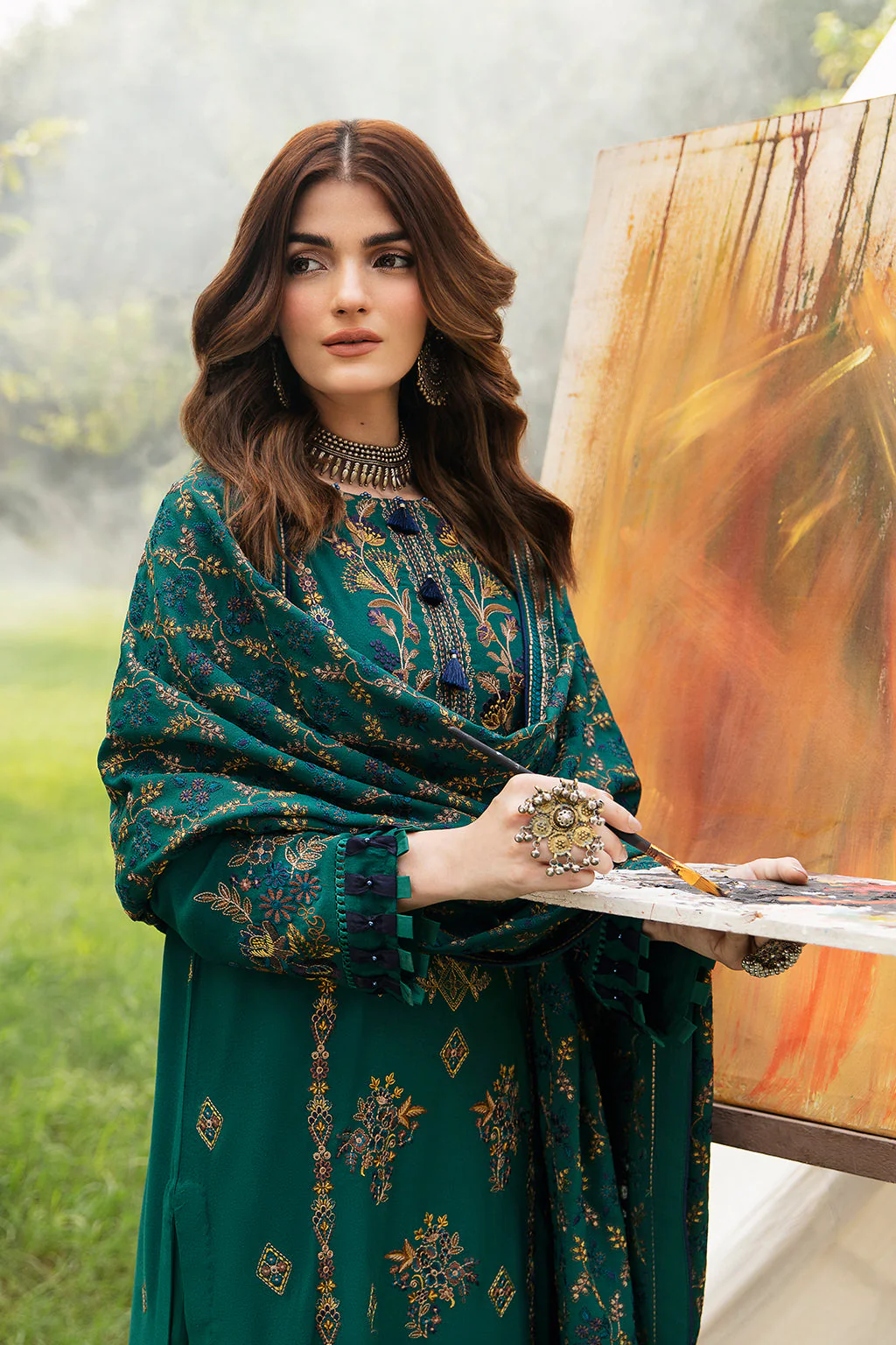 RAMSHA  - 3PC DHANAK EMBROIDERED SHIRT DHANAK HEAVY EMBROIDERED SHAWL DUPATTA AND TROUSER KP7 - Image 4