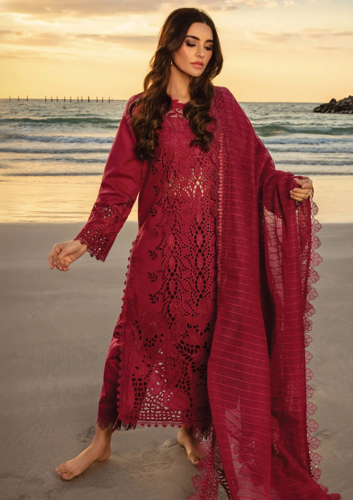 RANG RASIYA - 3PC LAWN CHIKANKAARI EMBROIDEREDR-02 SHIRT WITH NET EMBROIDERED DUPATTA AND TROUSER - RR-13 - Image 5